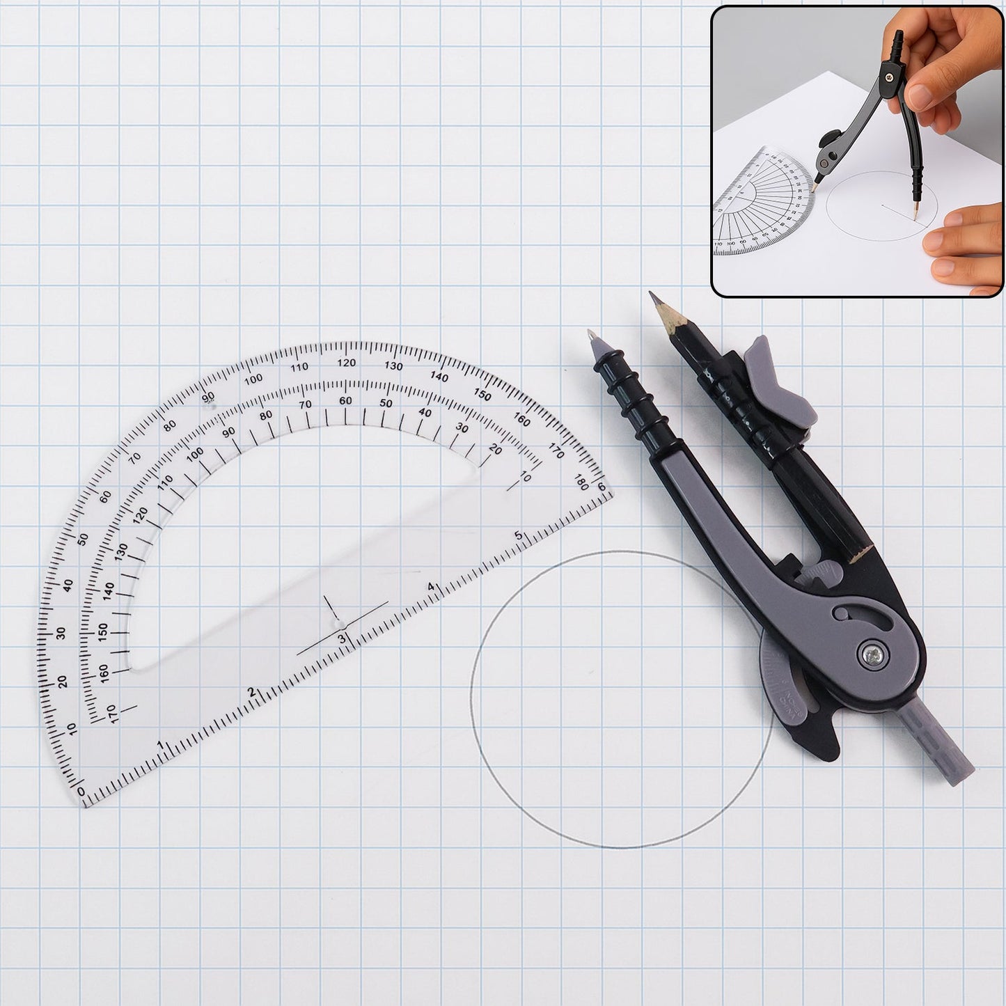 2-Piece Geometry Protractor Set with Lock and Transparent Protractor