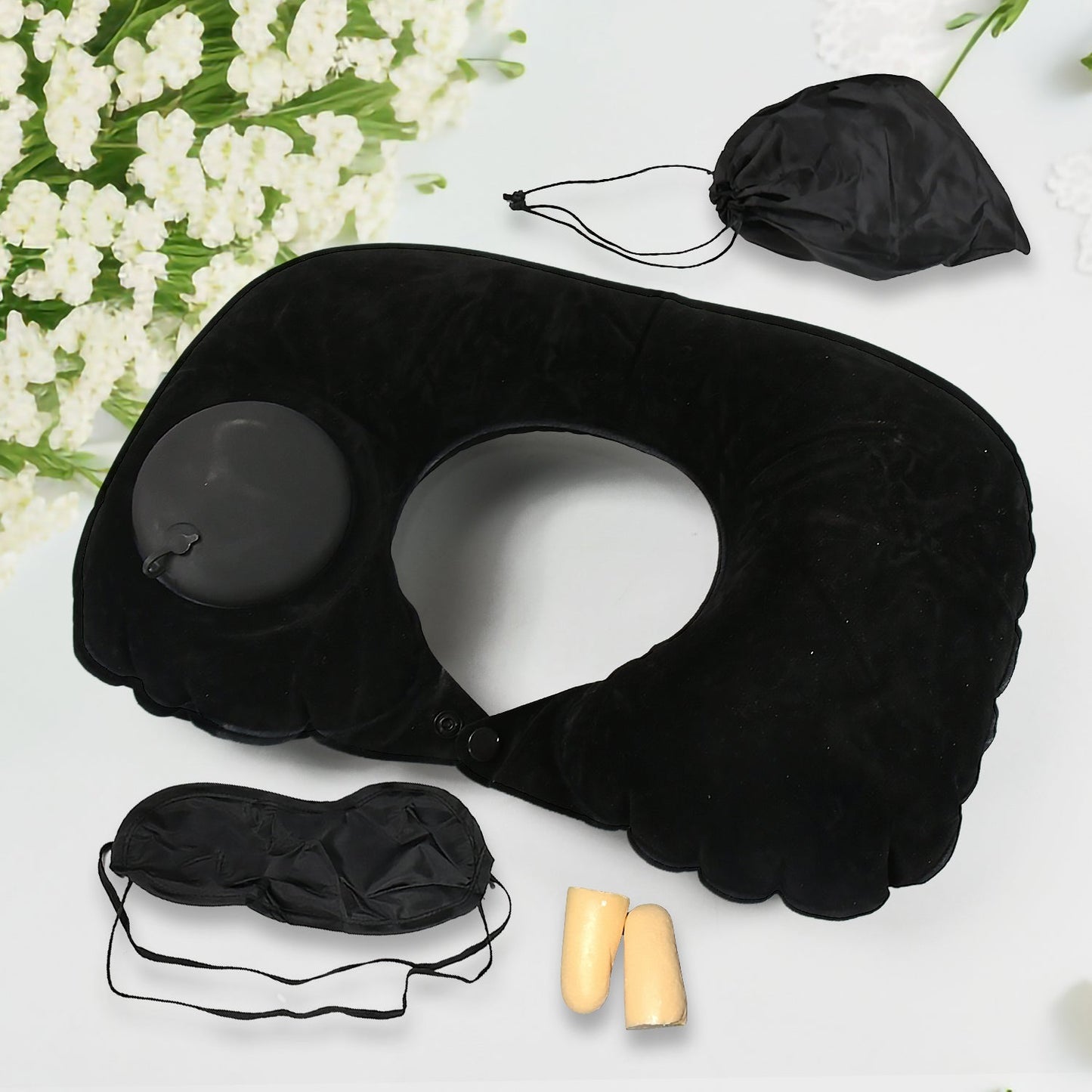 8512 3 in 1 Comfortable Travel Sleeping Kit, Neck Pillow, Eye Mask & Ear Plug Set Inflatable Plane Sleeping Pillow Head Neck Support Pillows for Travel Airplane Office, Black