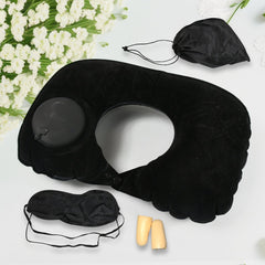 8512 3 in 1 Comfortable Travel Sleeping Kit, Neck Pillow, Eye Mask & Ear Plug Set Inflatable Plane Sleeping Pillow Head Neck Support Pillows for Travel Airplane Office, Black