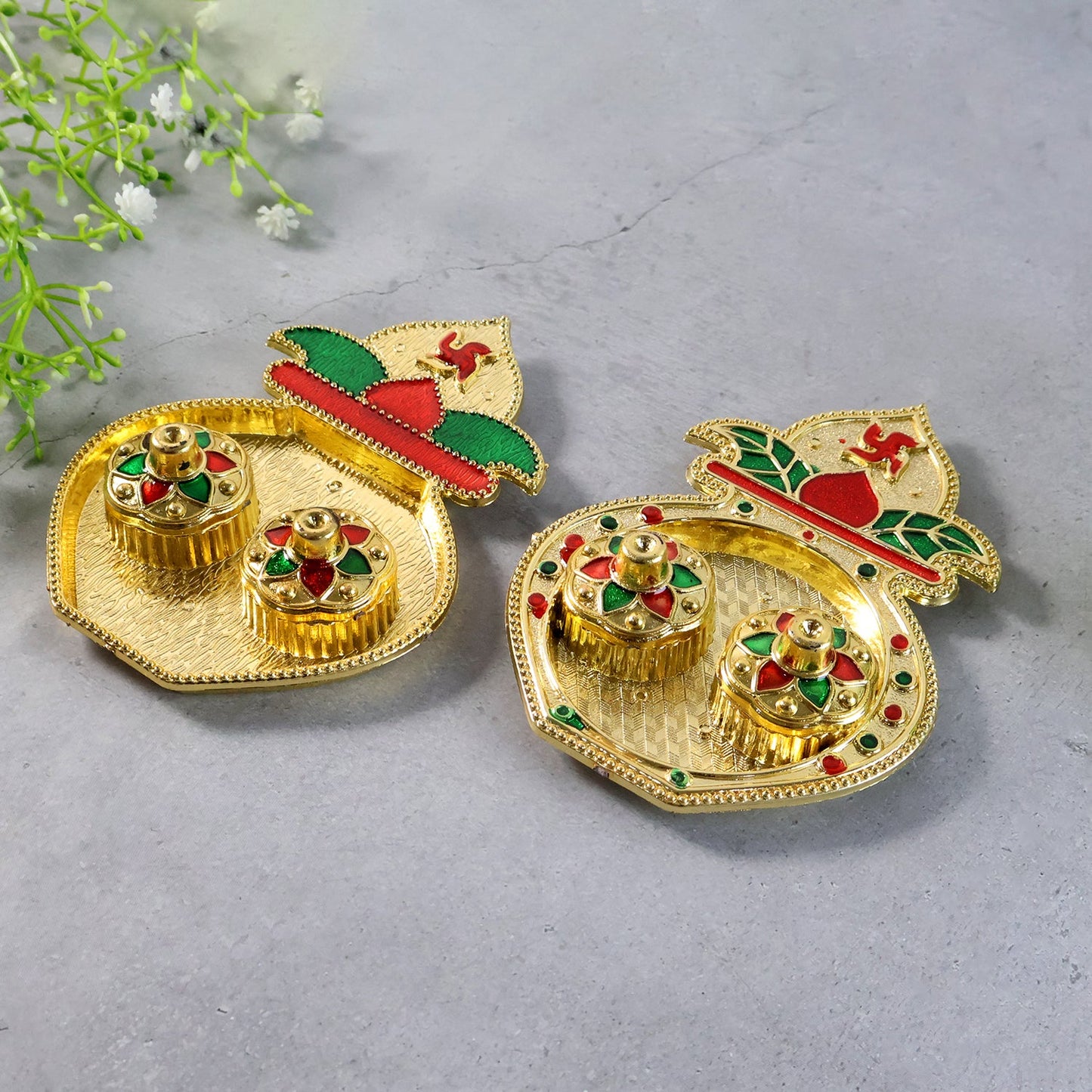 Decorative Plastic Kalash-Shape Double Kumkum Box (Mix Design, 1 Pc)