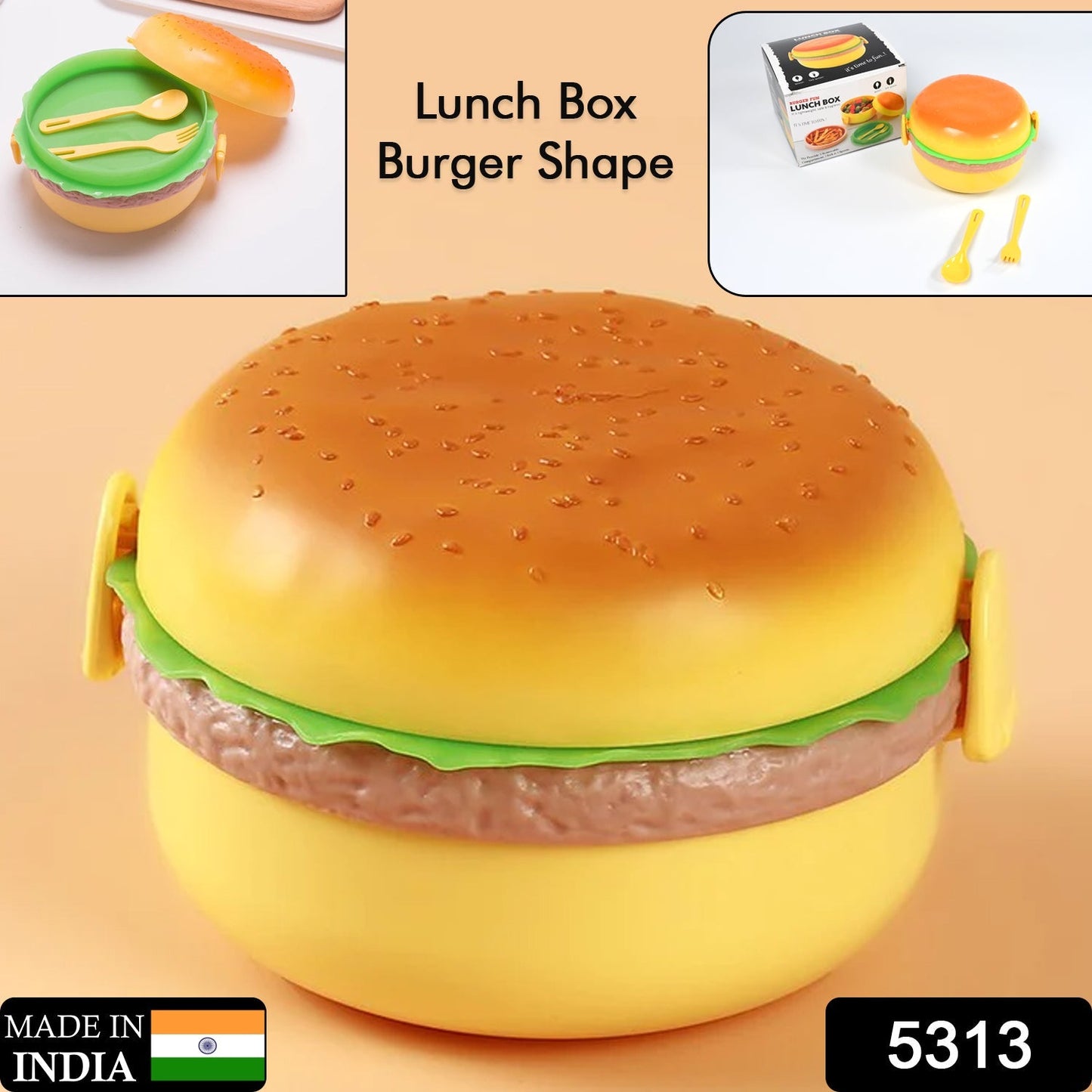 Burger Shape Lunch Box – Double Layer 1000ml Food Container with 2 Spoons for Kids