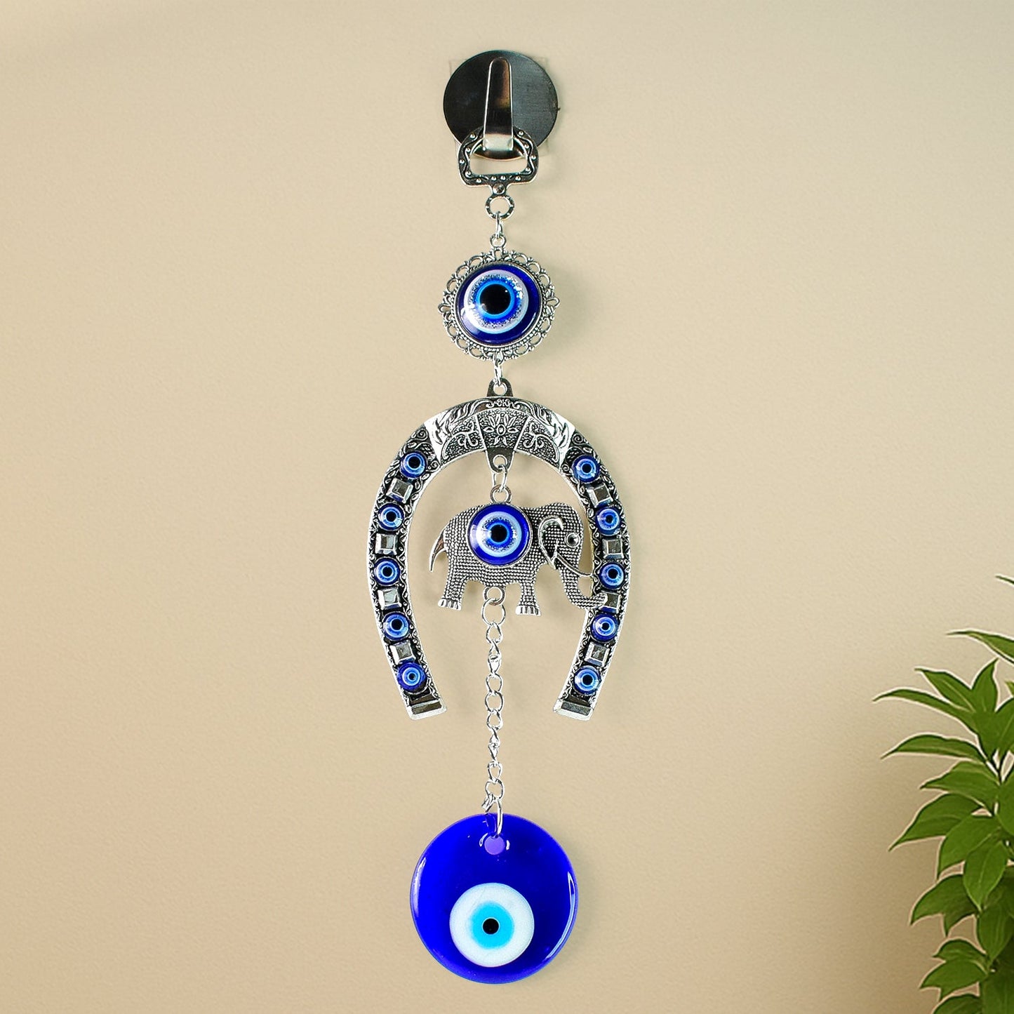 Decorative Evil Eye Hanging with Elephant and Horseshoe Motif, Wind Chime (1 Pc)