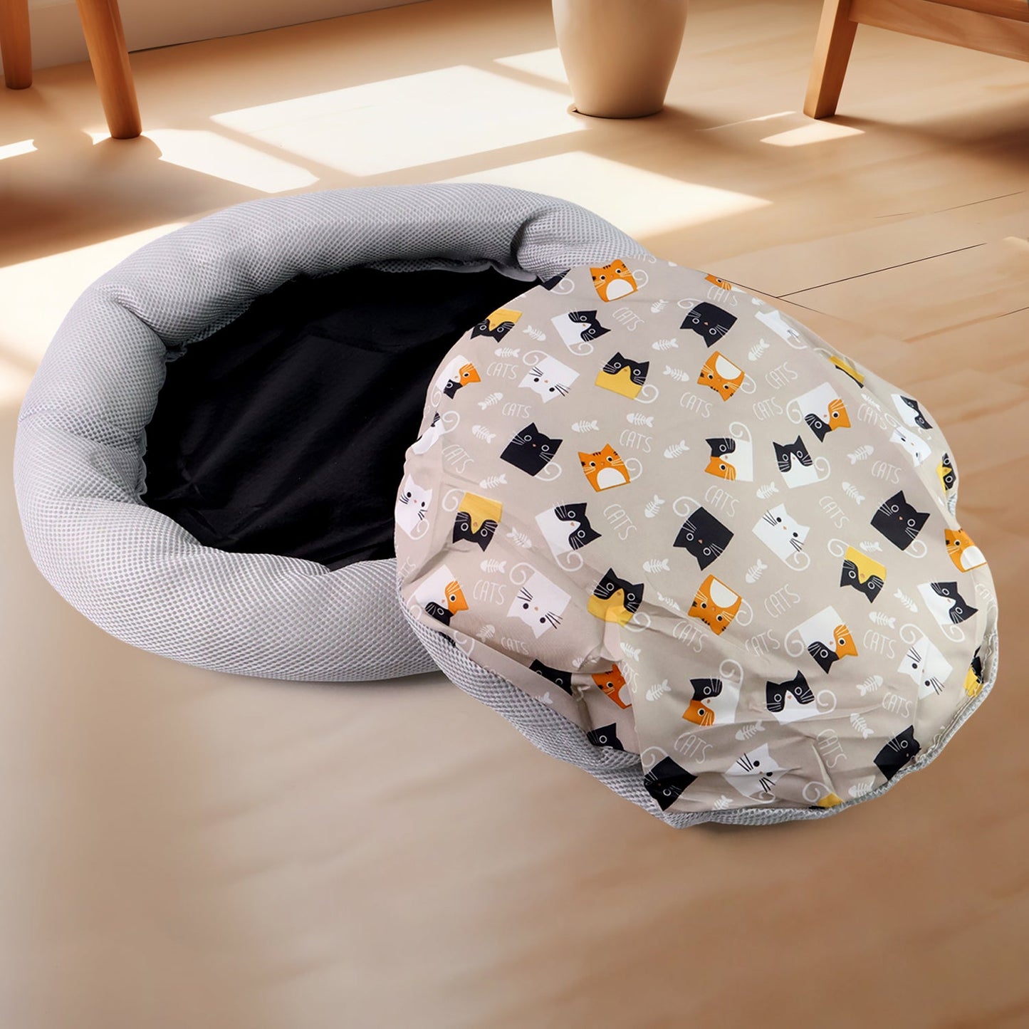 Round Soft Plush Cat Bed with Cartoon Cat Print Cushion 1 Pc