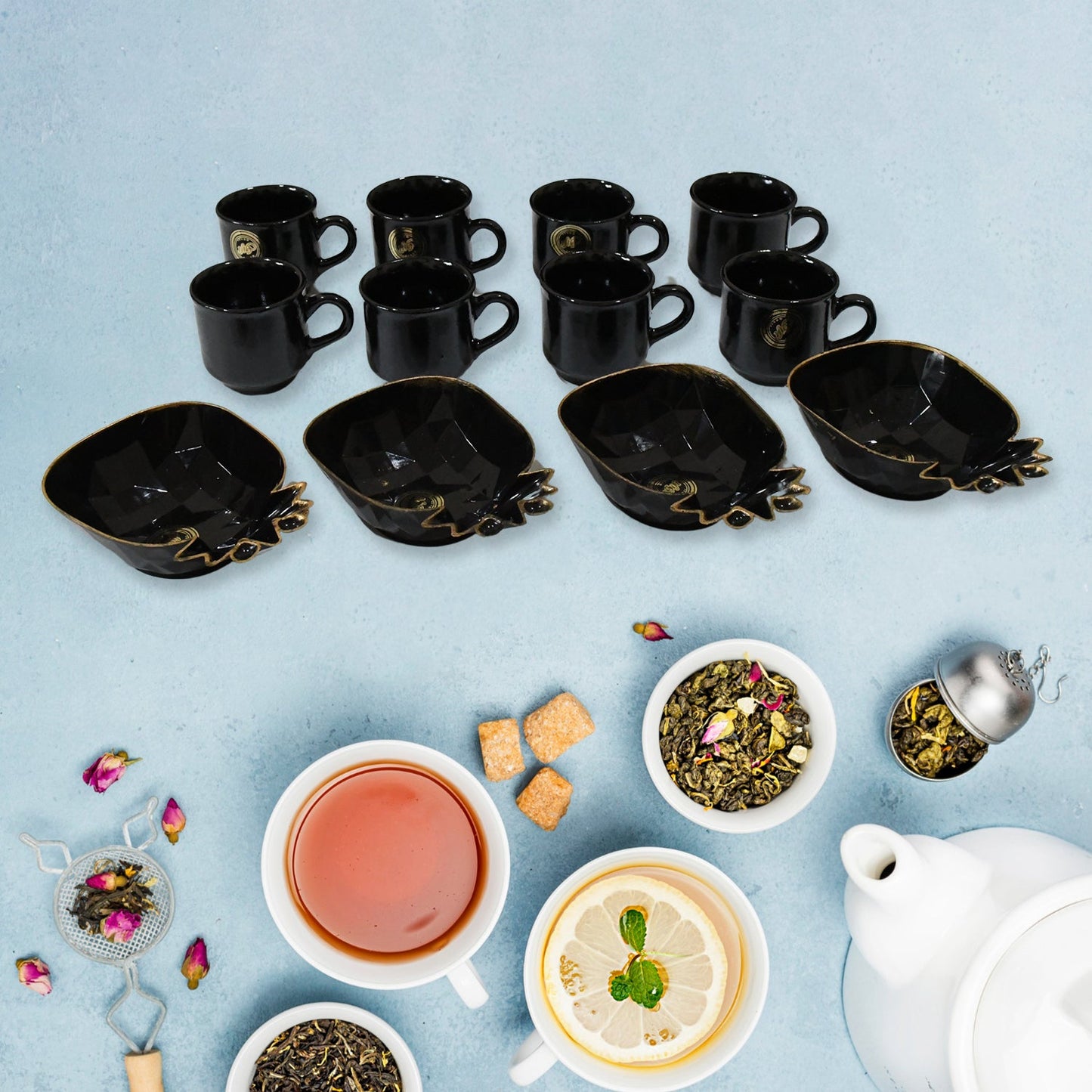 Pine Junction Ceramic Tea / cups / Mug Set With Pineapple Shape Serving Bowl (12 Pcs set)