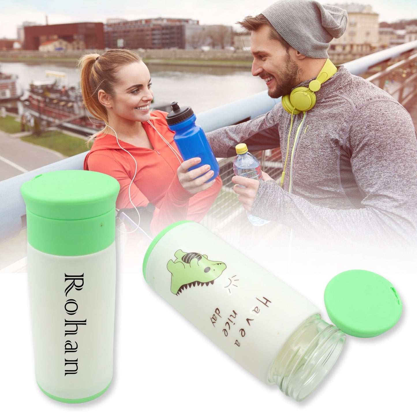 Customize Outdoor Sport Glass water bottle 350ml leak proof BPA-free for travel cold and hot water glass water bottle with daily water intake for gym and children, Home, Travel, Office Use (350ml)