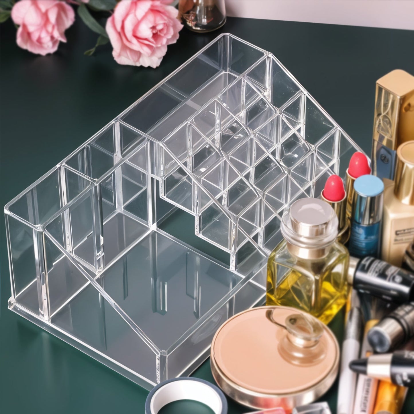 16 Compartment Cosmetic Makeup Jewellery Lipstick Storage Organiser Box, Cosmetic Storage Box Make-up Lipstick Organizer / Lipstick Holder Case Transparent
