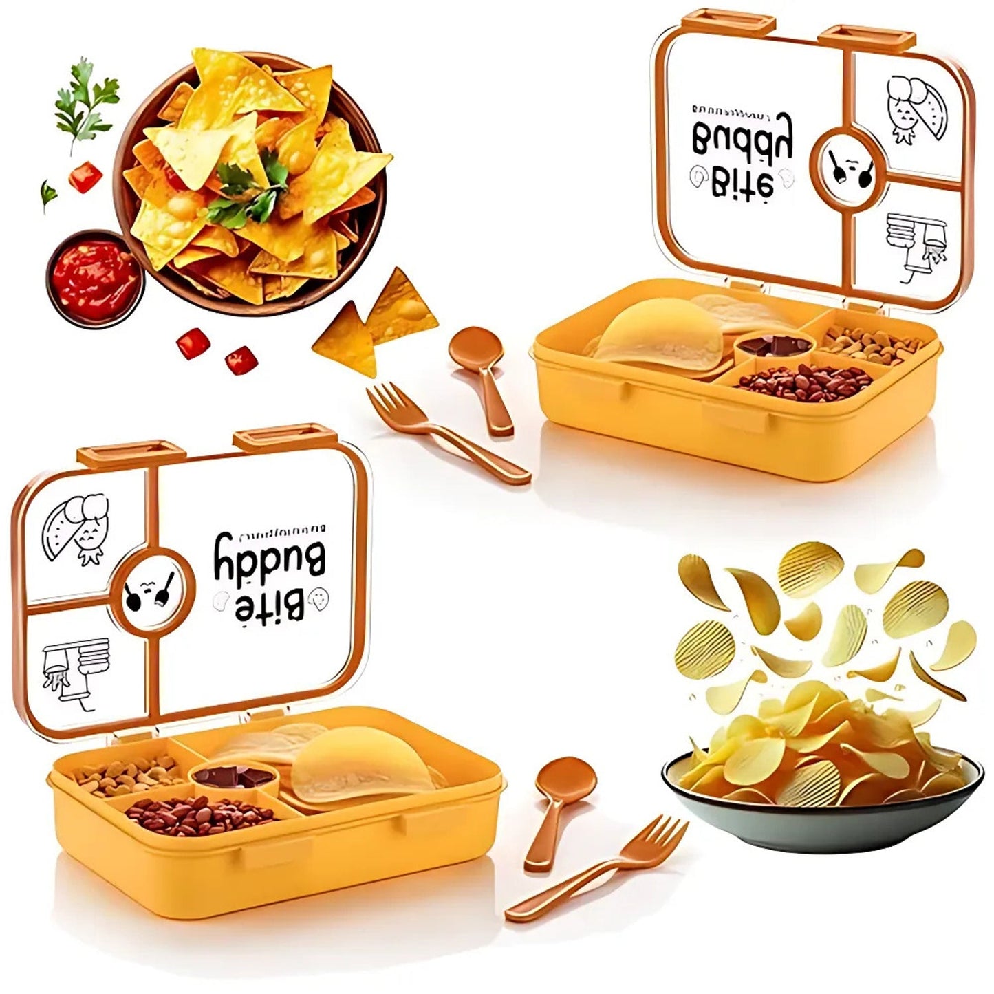 Bite Buddy 4-Compartment Leak-Resistant Plastic Lunch Box with Spoon & Fork