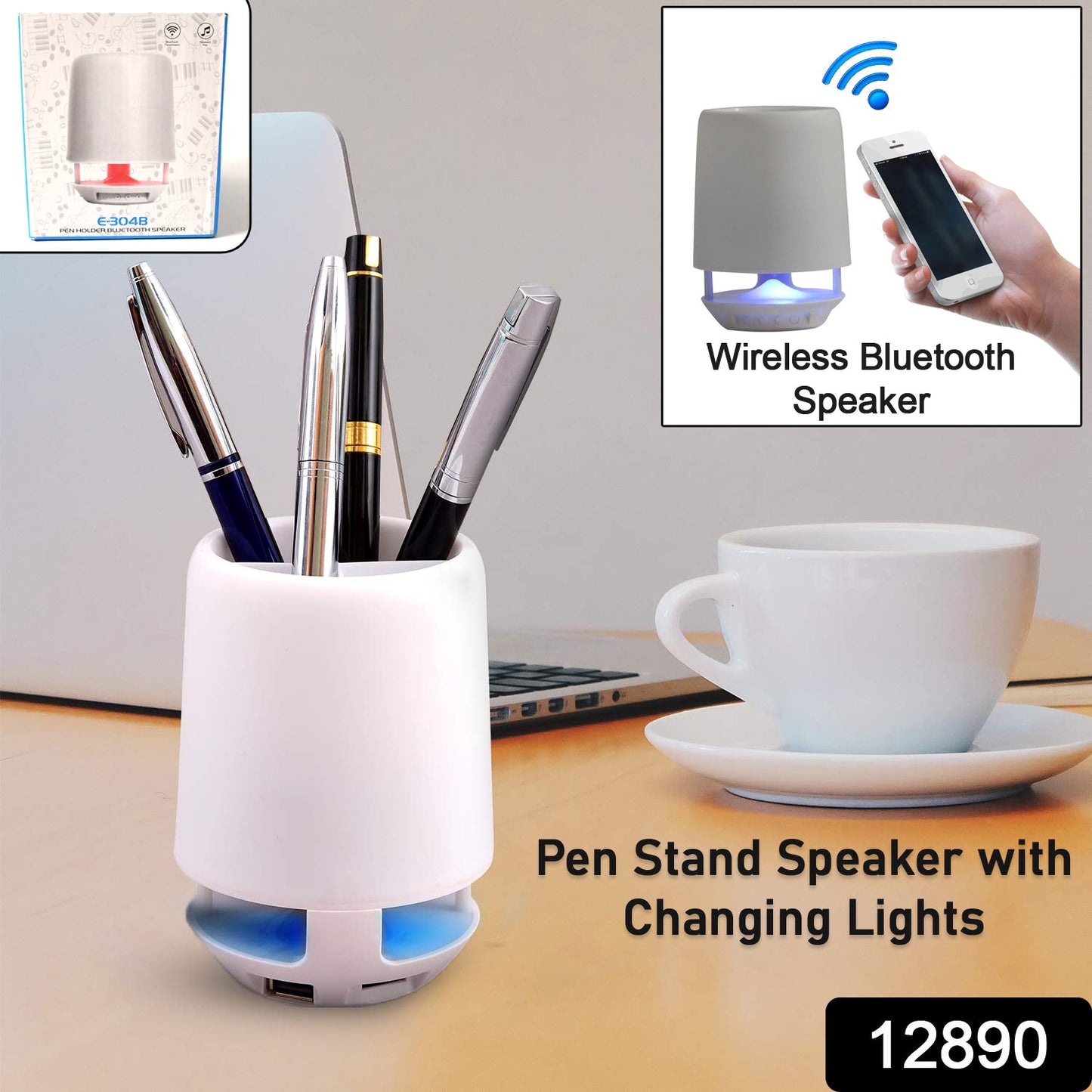 Multifunctional 4-Compartment Pen Holder with 5W Bluetooth Speaker & Smart Color-Changing Desk Lamp