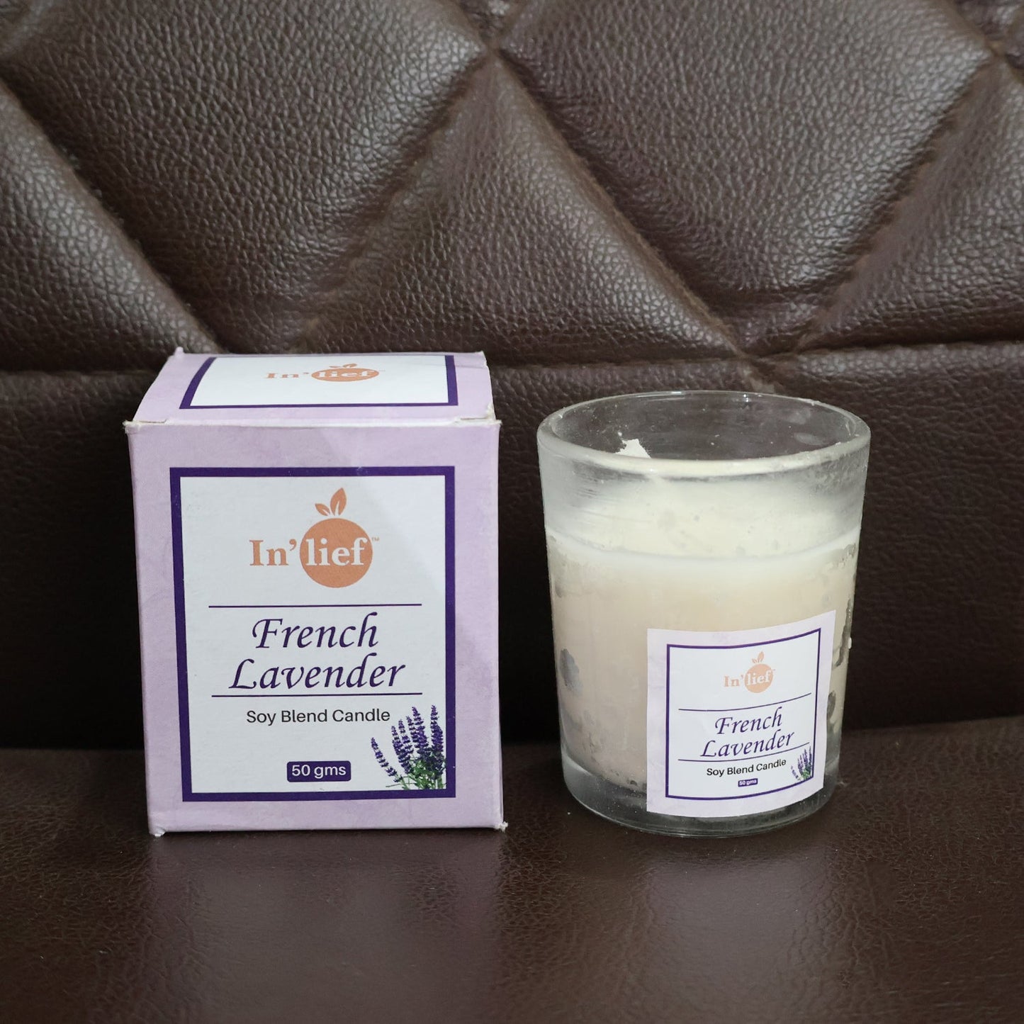 In'lief French Lavender Soy Blend Scented Candle in Glass Jar (50GM / 1 Pc)