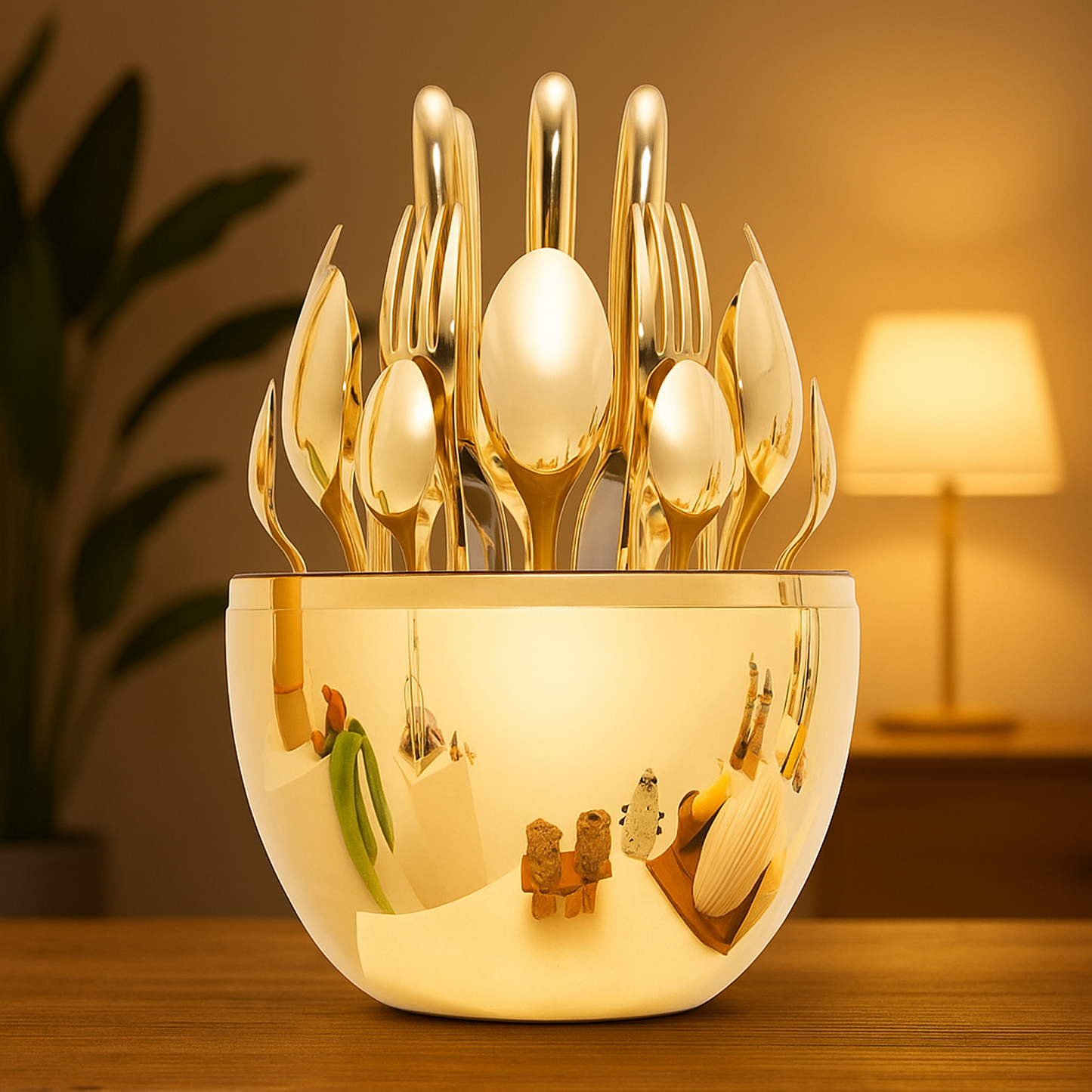 Premium Cutlery Set 24 Pcs with Oval Shaped Stand | Beautiful Stylish Oval Designed Cutlery Sets, Egg-Shaped Luxury Spoon Holder Set (Golden / 24 pcs set)