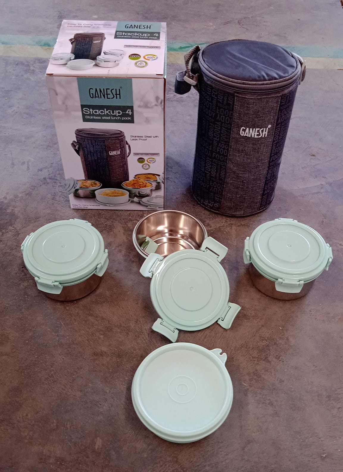 Ganesh 4In1 Tiffin Box-Lunch Box | 3 Stainless Steel Containers 300 Ml Approx & Plastic Salad Container 200 Ml Approx| Plastic lid Box | Round Zip Bag | Leak Proof | Microwave Safe for Office, College and School for Men, Women