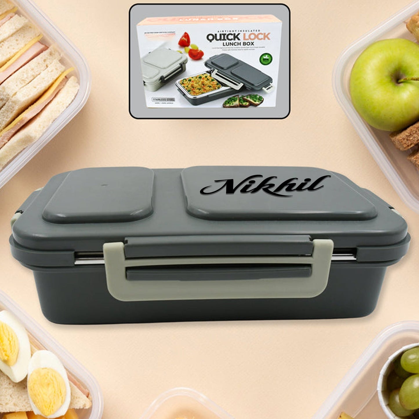 Customize Miracle Quick Lock Leak Proof 2 Compartment Stainless Steel LUNCH BOX Inner Plate Reusable Microwave Freezer Safe Lunch Box Trendy Thermal Insulation Leak Proof for Office Vacuum Tiffin Box for Boys / Girls / School / Office Women and Men