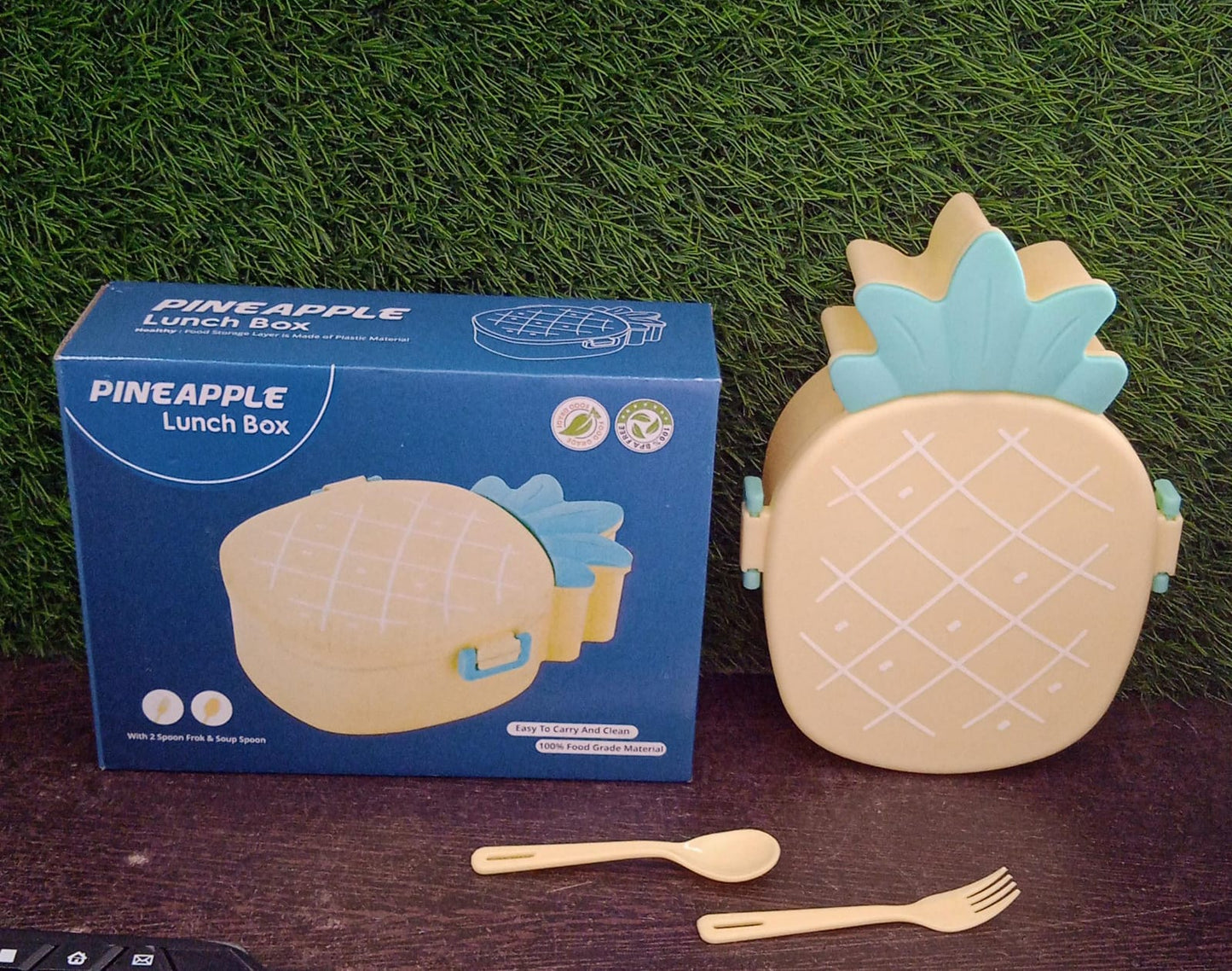 Customize Kids Lunch Box Cute Pineapple Shaped Bento Box with Fork Spoon Snack Container Microwave Portable Office Lunch Box (1 Pc / With Spoon, Fork & Color Box)