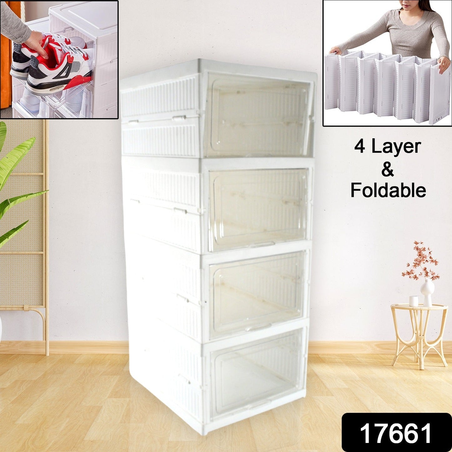 Stackable Multifunctional Storage, for Clothes Foldable Drawer Shelf Basket Utility Cart Rack Storage Organizer Cart for Kitchen, Pantry Closet, Bedroom, Bathroom, Laundry (4 Layer / 1 Pc)