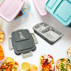 Customize Miracle Quick Lock Leak Proof 2 Compartment Stainless Steel LUNCH BOX Inner Plate Reusable Microwave Freezer Safe Lunch Box Trendy Thermal Insulation Leak Proof for Office Vacuum Tiffin Box for Boys / Girls / School / Office Women and Men