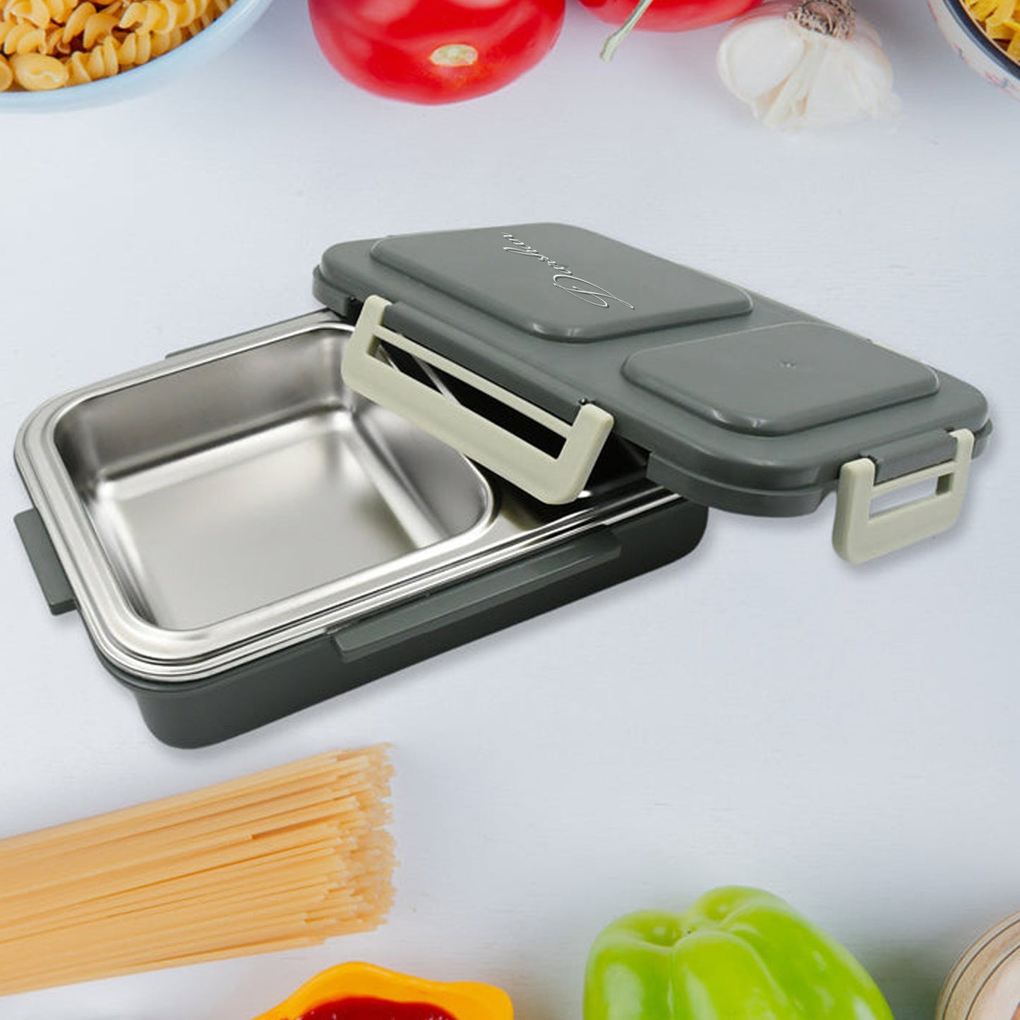 Customize Miracle Quick Lock Leak Proof 2 Compartment Stainless Steel LUNCH BOX Inner Plate Reusable Microwave Freezer Safe Lunch Box Trendy Thermal Insulation Leak Proof for Office Vacuum Tiffin Box for Boys / Girls / School / Office Women and Men