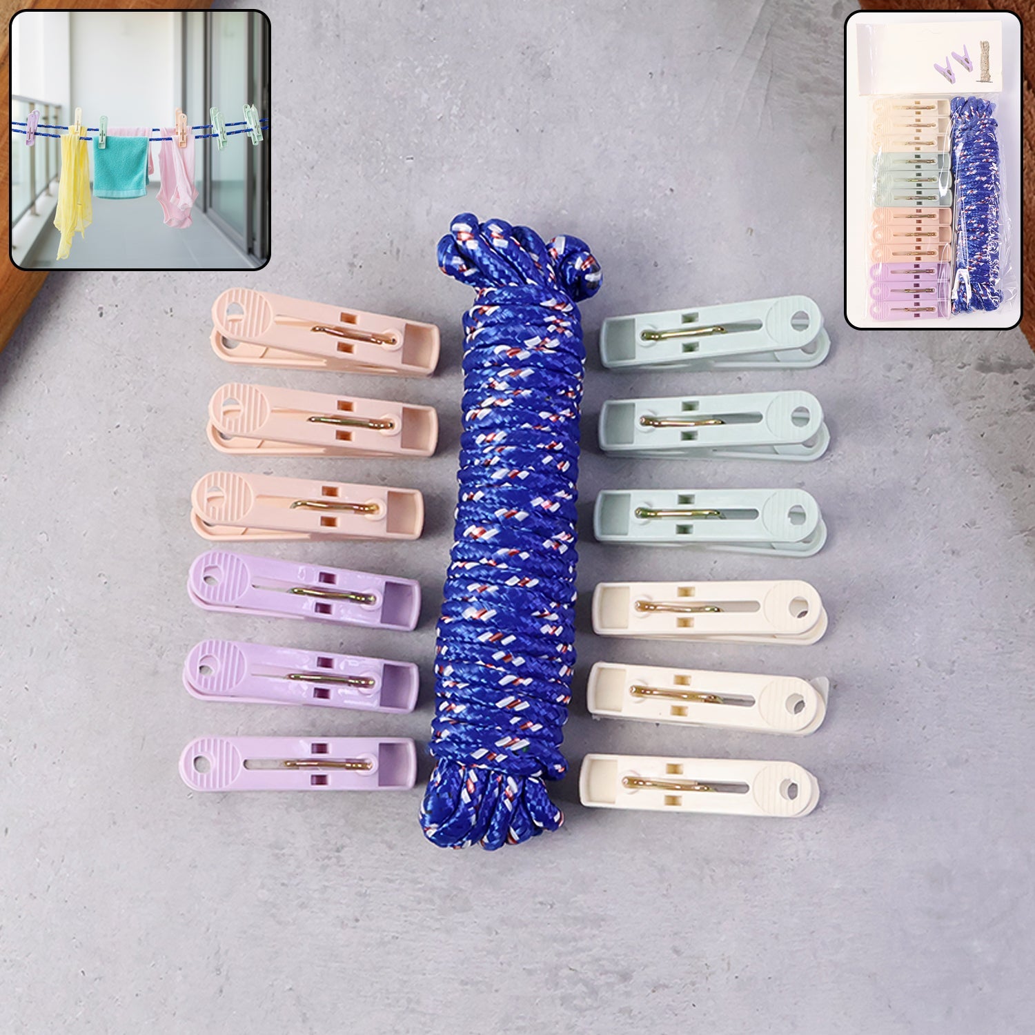 Clothesline rope with clips