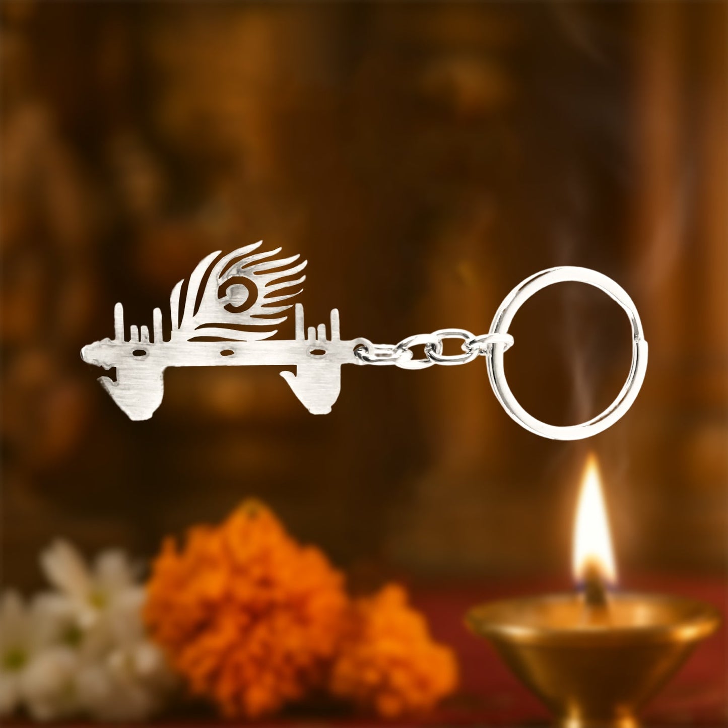 Krishna Flute & Peacock Feather Metal Keychain - (1 Pc)