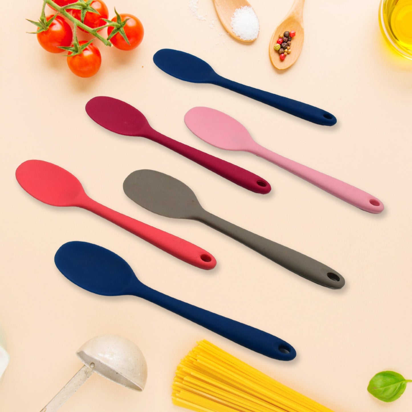 Multipurpose Silicone Spoon, Silicone Basting Spoon Non-Stick Kitchen Utensils Household Gadgets Heat-Resistant Non Stick Spoons Kitchen Cookware Items For Cooking and Baking (6 Pcs Set)
