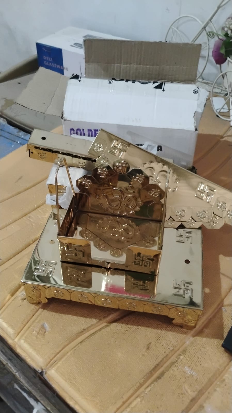 Traditional Brass-Coated Decorative Mini Jhula (Swing) for God Idol – 2 Pc