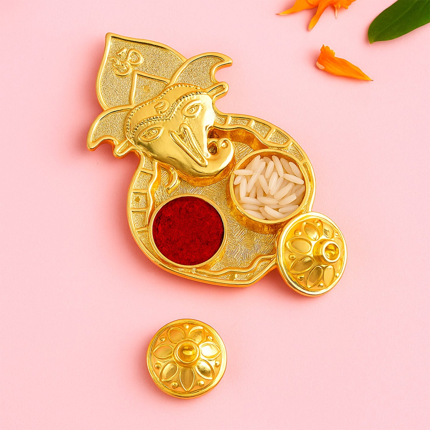 Traditional Golden Lord Ganesha Kumkum Dish (1 Pc)