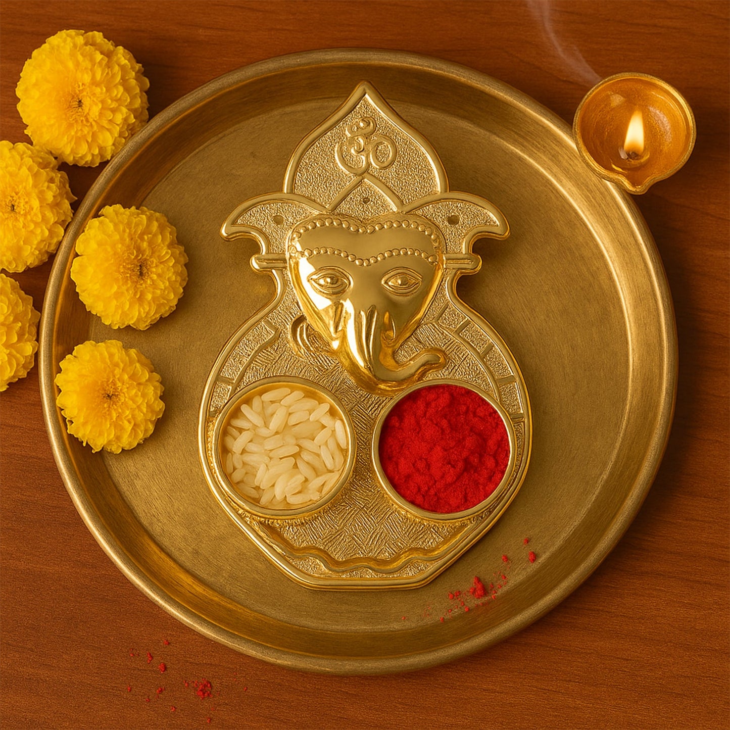 Traditional Golden Lord Ganesha Kumkum Dish (1 Pc)
