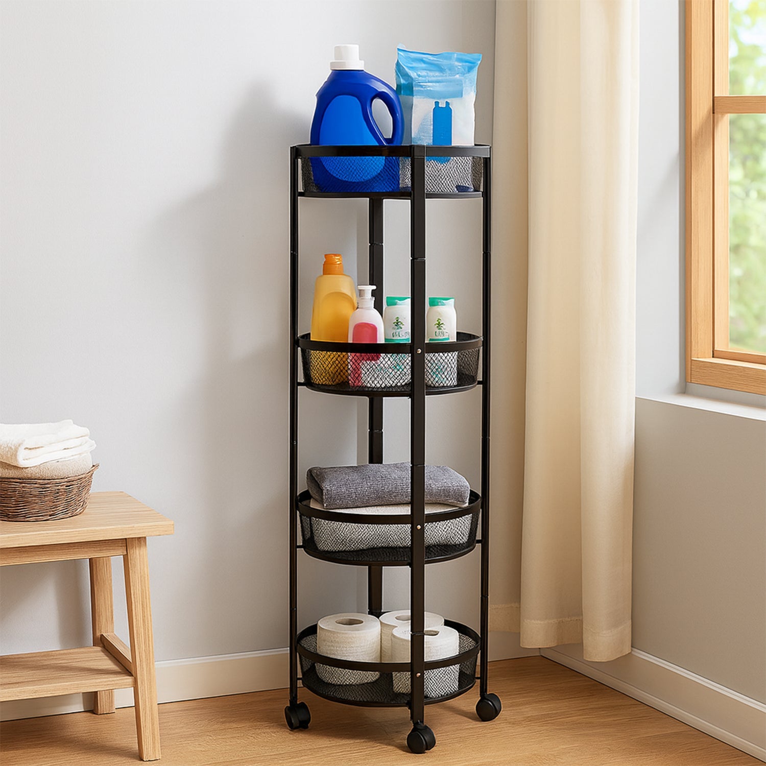 4-Layer Round Metal Folding Storage Trolley with Mesh Baskets and Wheels â€“ Multi-Purpose Organizer Rack (1 Pc)