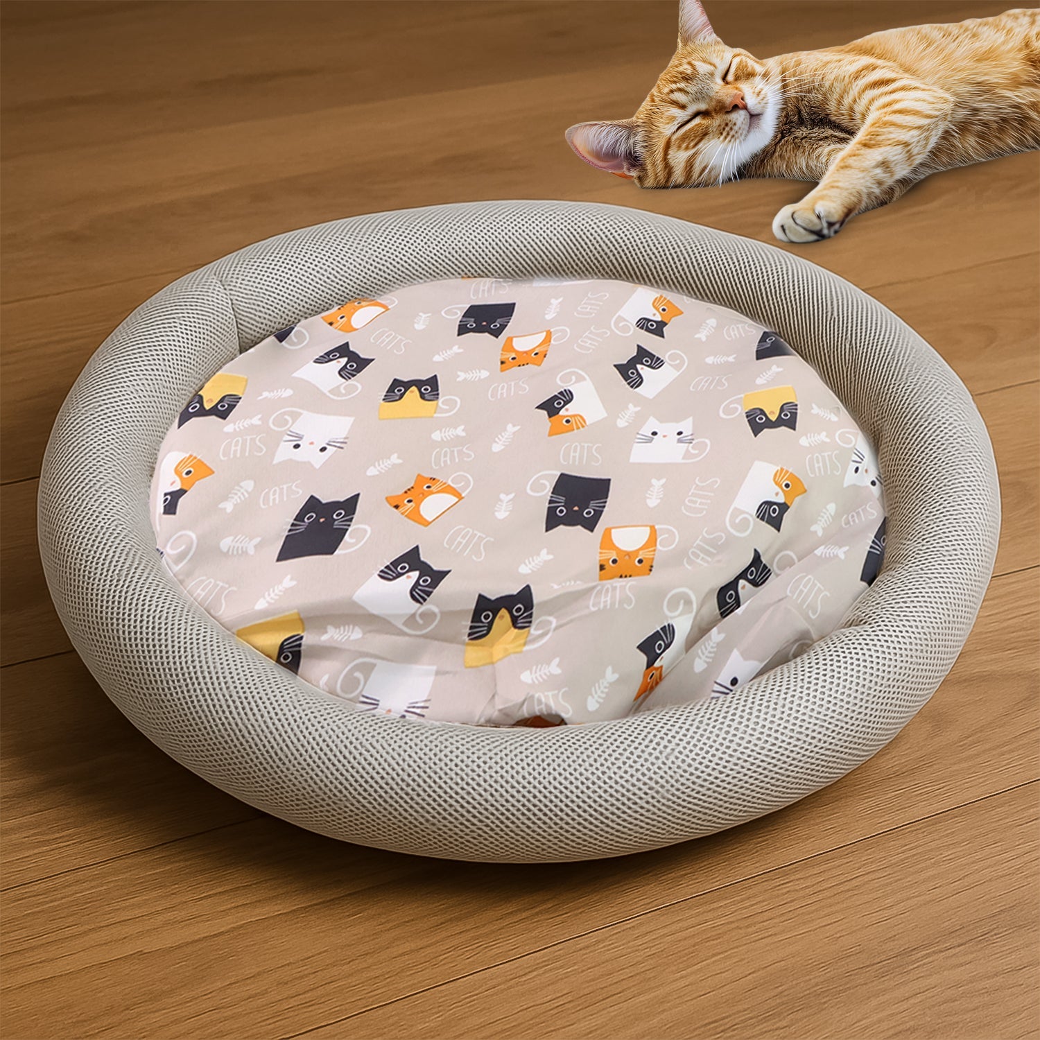 Round Soft Plush Cat Bed with Cartoon Cat Print Cushion