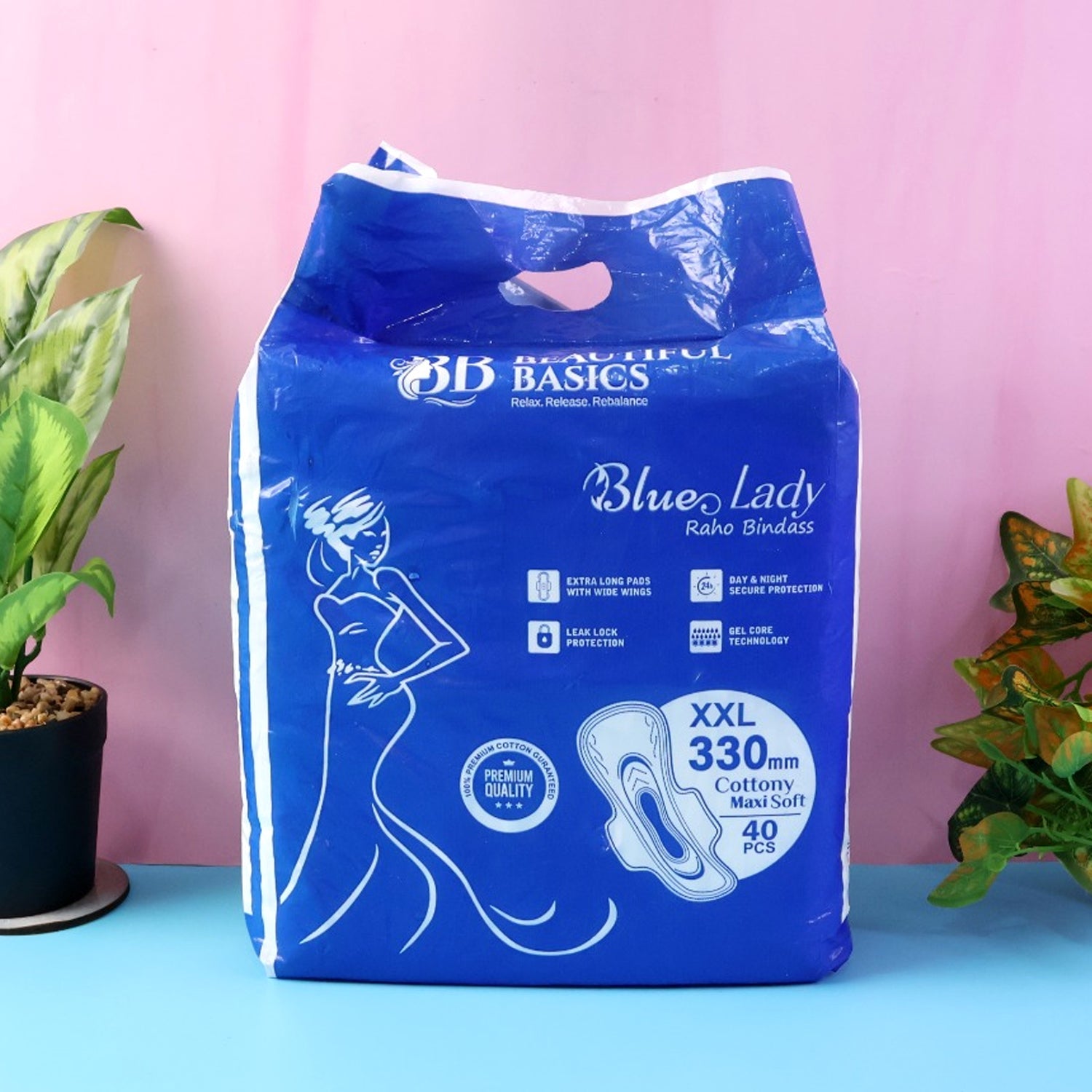 Beautiful Basics Blue Lady Extra Long Pads With Wides Wings Sanitary Pads â€“ 330 mm, 40-Pack