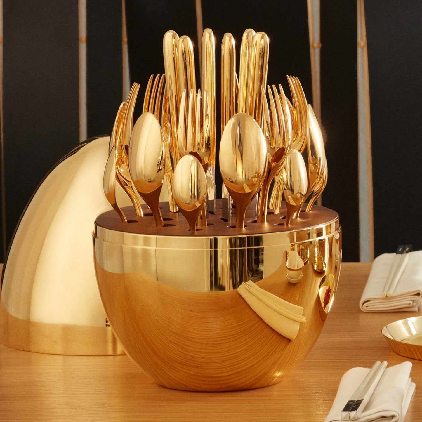 Premium Cutlery Set 24 Pcs with Oval Shaped Stand | Beautiful Stylish Oval Designed Cutlery Sets, Egg-Shaped Luxury Spoon Holder SetÂ  (Golden / 24 pcs set)