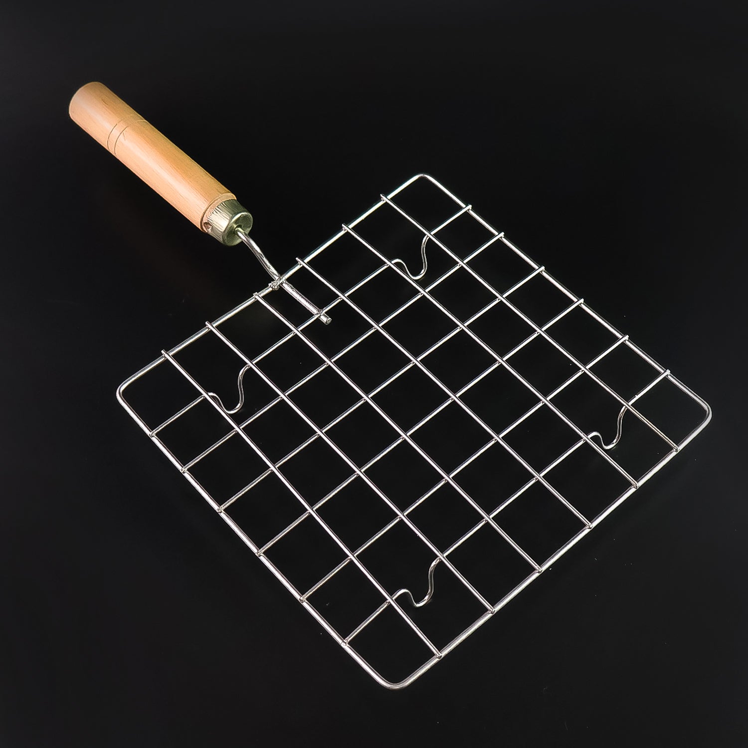 Stainless Steel Square Papad jali, Barbecue Grill Rack with Wooden Handle (1 Pc)