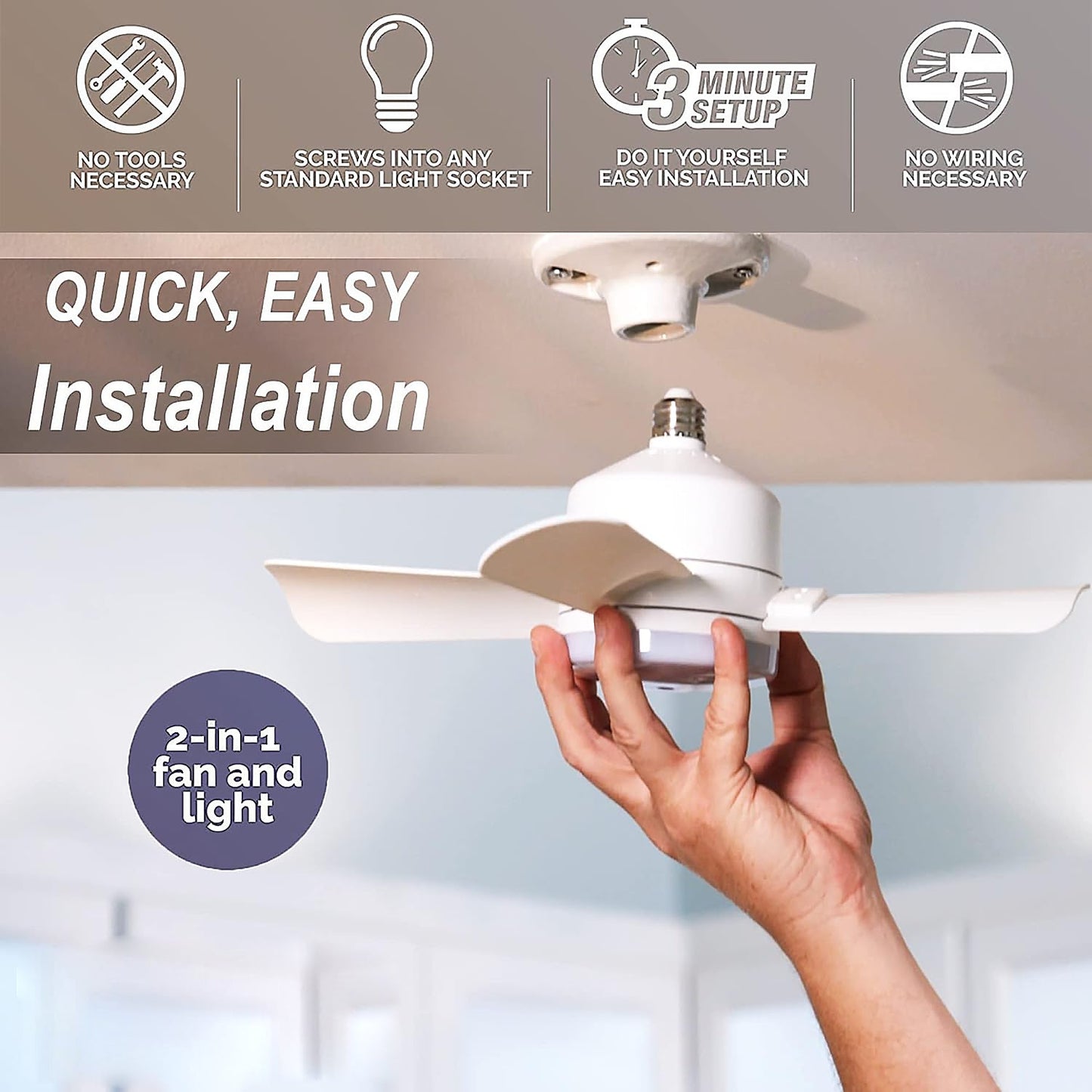 Original Cool LED Socket Fan Light – Ceiling Fan Replacement, 1000 Lumens/5000K, Remote Controlled (Remote Battery Not Included)