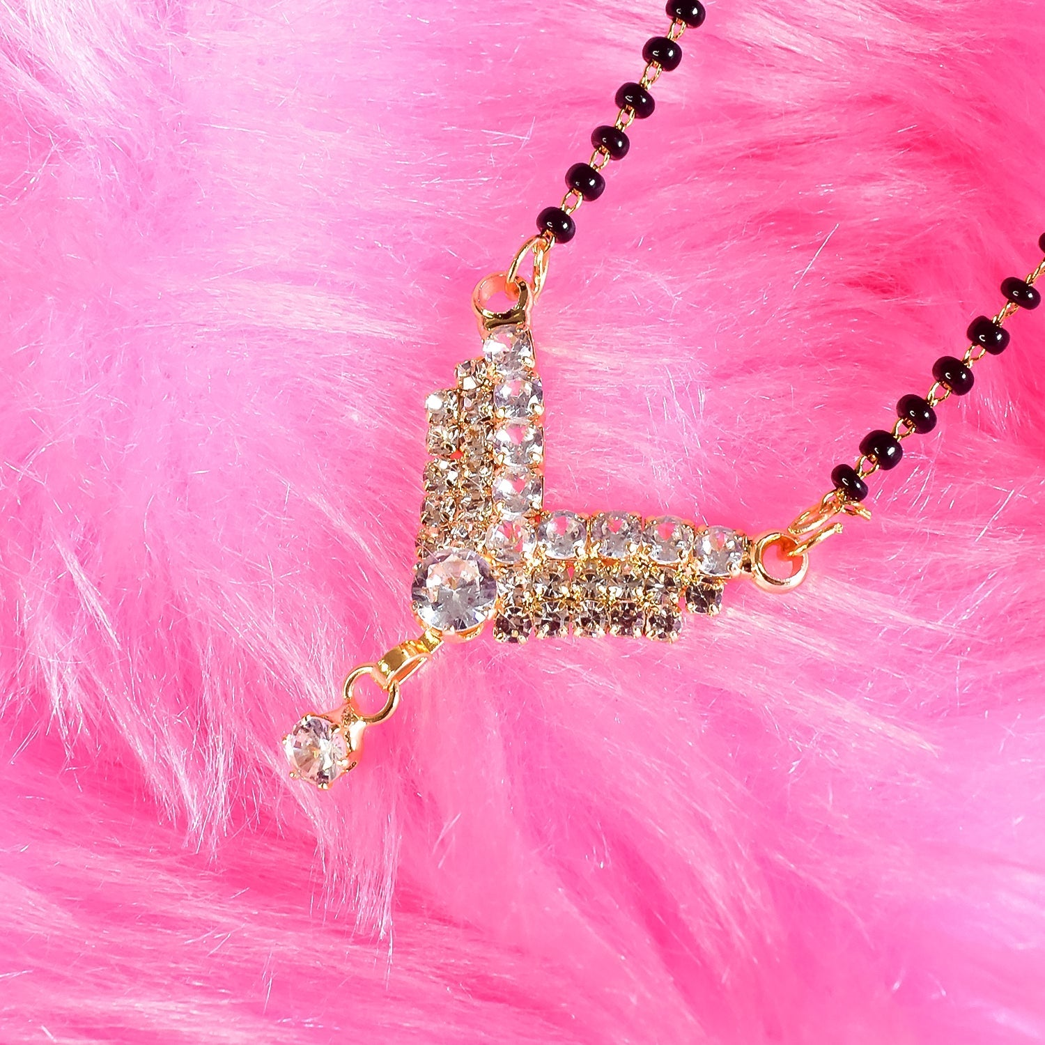 Short Gold-Plated Mangalsutra Necklace – Single Line Diamond & Black Bead Chain for Women