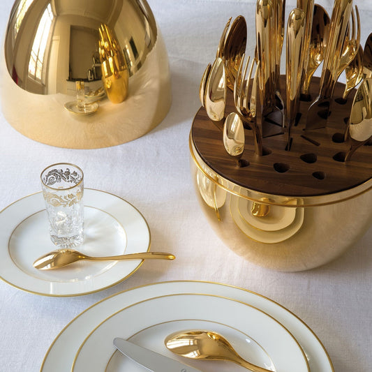 Premium Cutlery Set 24 Pcs with Oval Shaped Stand | Beautiful Stylish Oval Designed Cutlery Sets, Egg-Shaped Luxury Spoon Holder SetÂ  (Golden / 24 pcs set)