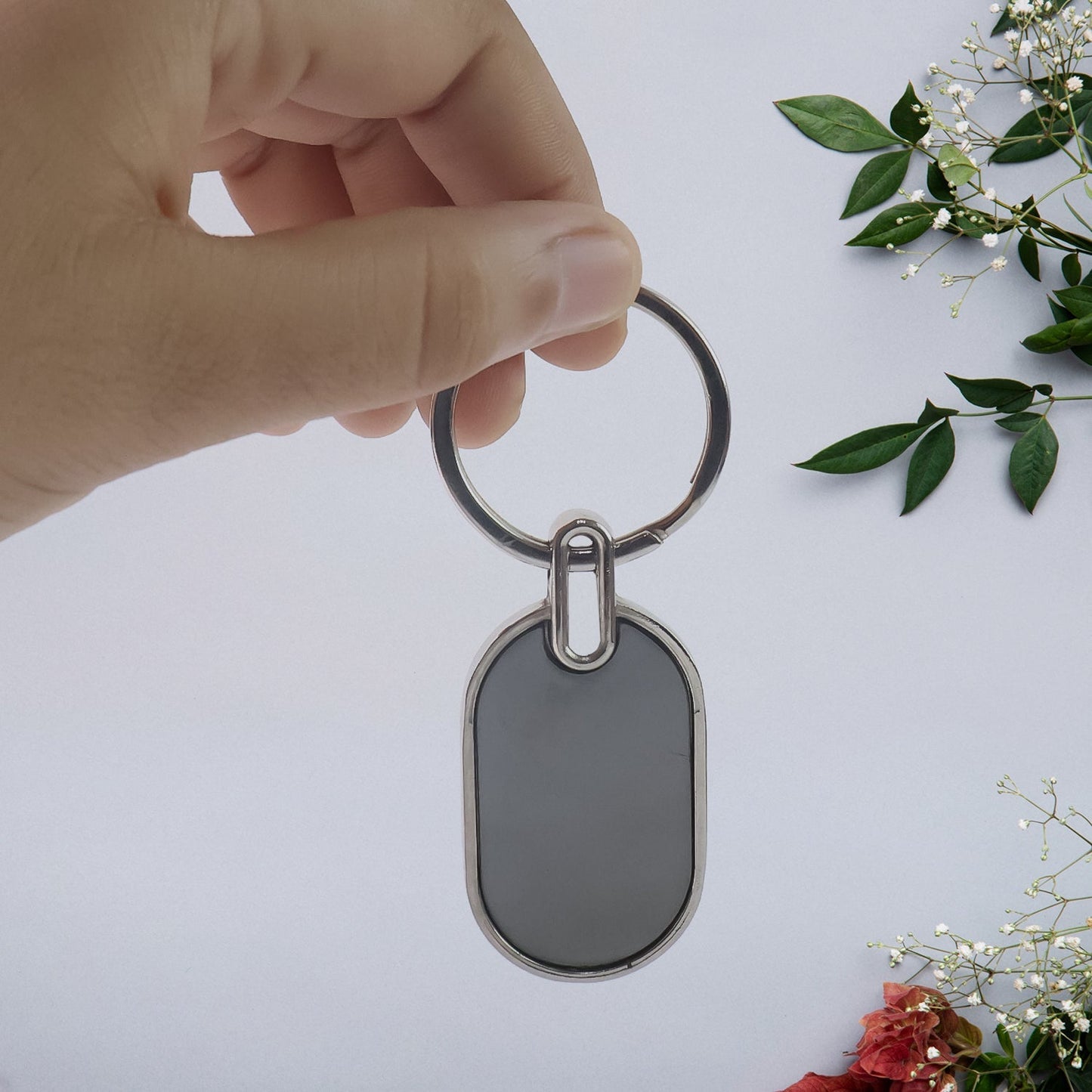 Customized / Personalized Elegant Black & Silver Oval Metal Keychain (1 Pc)