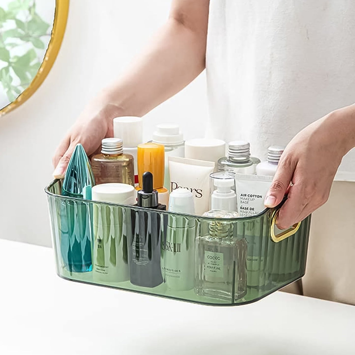 Premium Ribbed Transparent Storage Basket with Gold Handle â€“ Multipurpose Kitchen &amp; Home Organizer Box (25x14cm / 4 Pc)