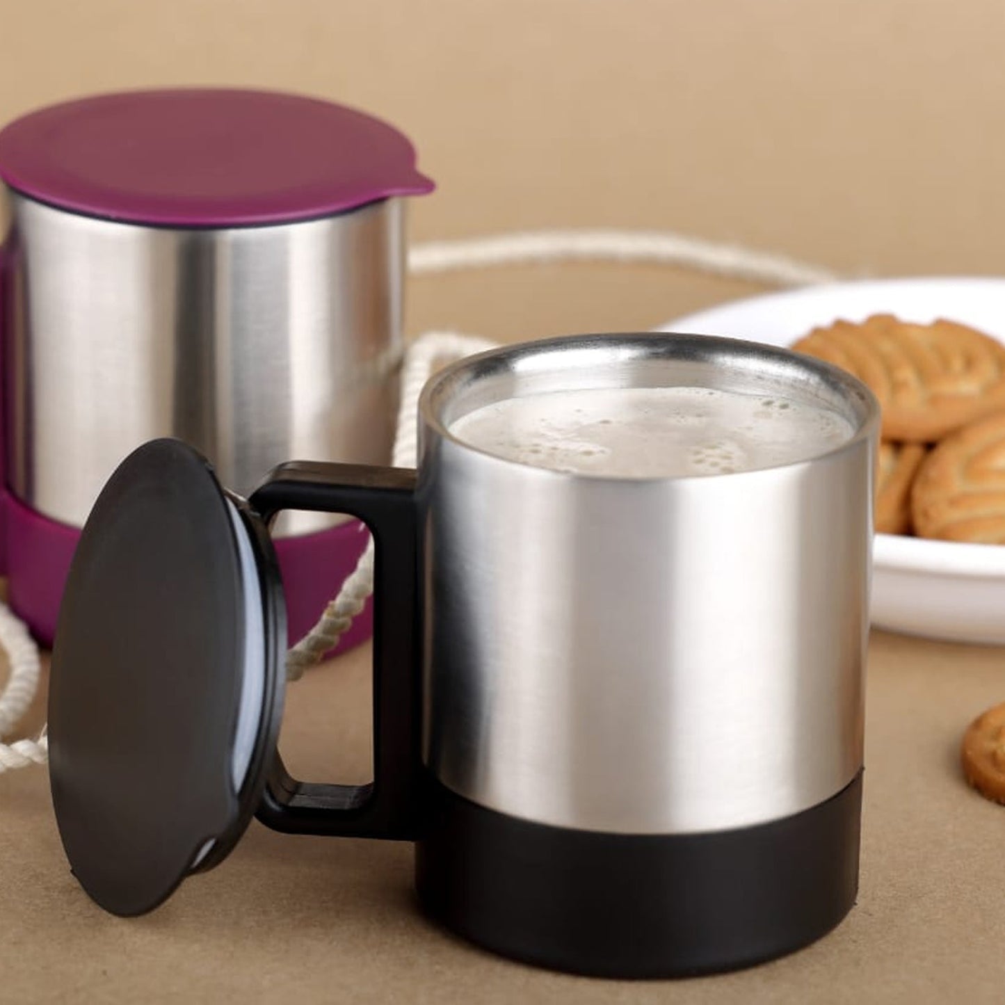 Customize Stainless Steel Coffee/Tea Cup, Stainless Steel Lid Cover Hot Coffee/Tea Mug Hot Insulated Double Wall Stainless Steel, Coffee and Milk Cup with Lid & Handle Easy To Carry - Coffee Cup (1 Pc)
