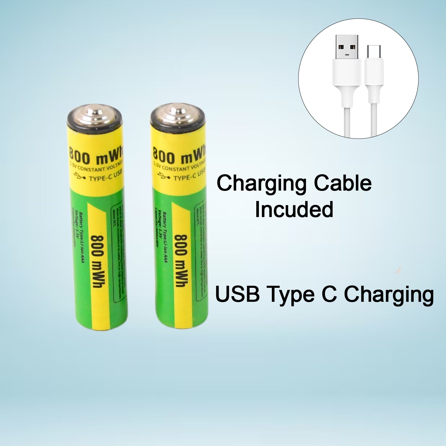 AAA Rechargeable 800 mWh Batteries With Recharging Cable (2 Pc Set)