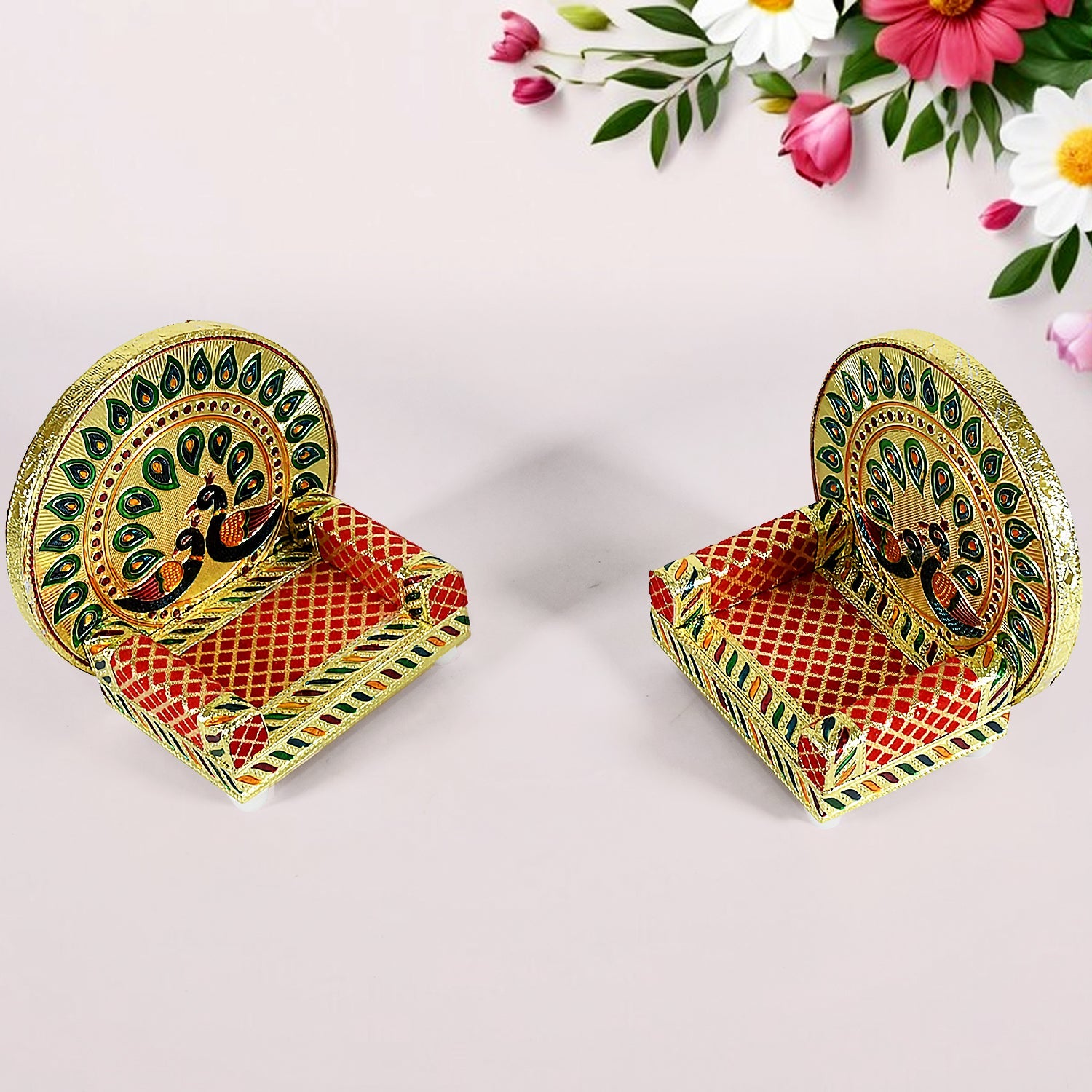 Meenakari Work Laddu Gopal Singhasan  / Sihasan for Pooja Mandir Wooden Krishna Ladoo Bal Gopal Sofa Asan, Home Decorative Premium Look Decorative Singhasan Suitable For Home, Office, Restaurant (2 Pc Set)