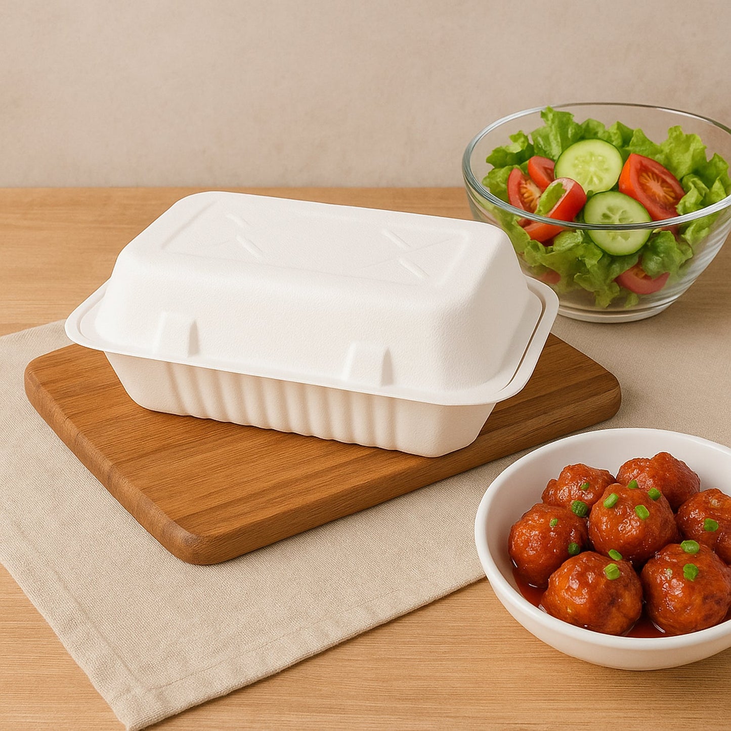 FresheeClamshell Takeaway Compostable Bagasse Food Box 9x6x3 Inch â€“ 10 Pcs Pack