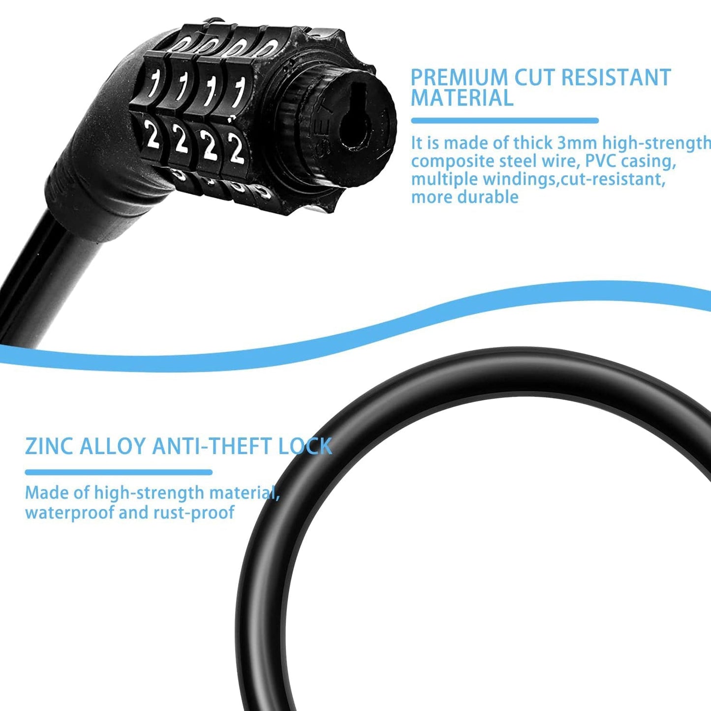 Bike Lock Cable Resettable Cable Lock - Self Coiling 4 Digit Combination Bike Lock