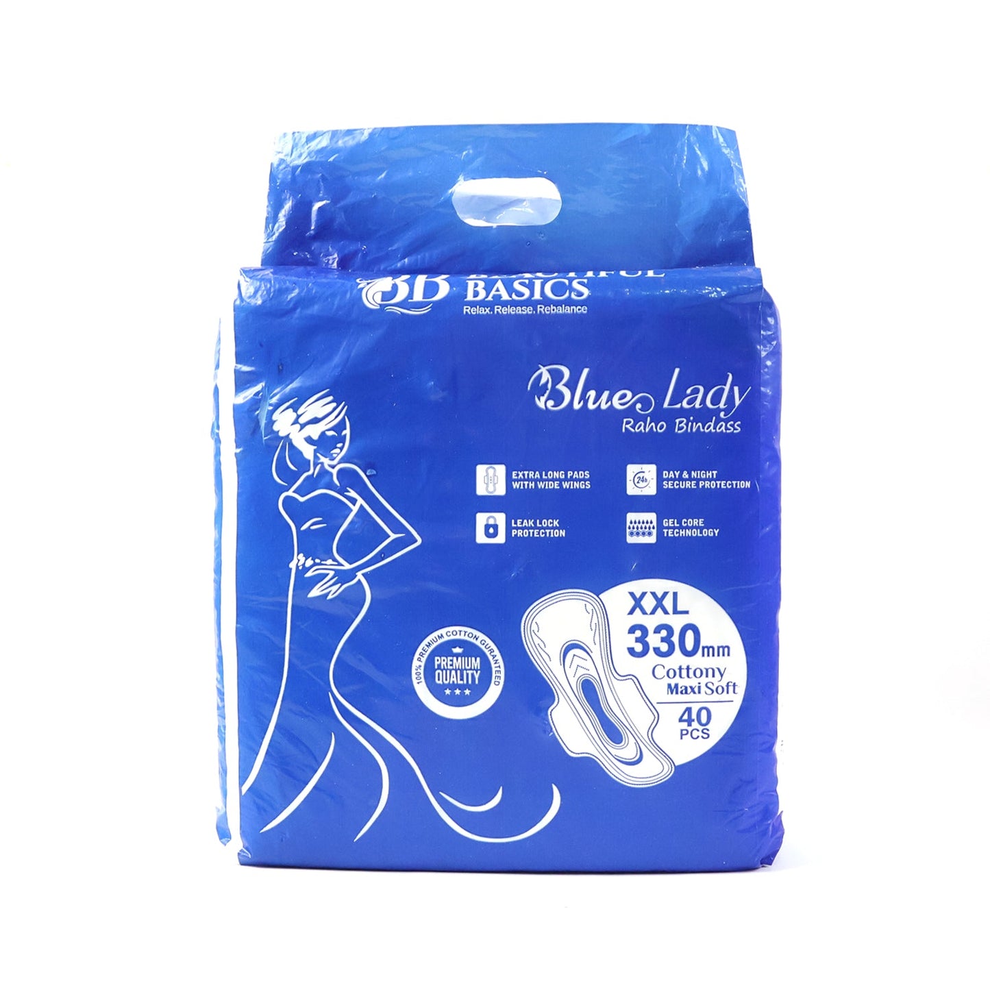 Beautiful Basics Blue Lady Extra Long Pads With Wides Wings Sanitary Pads â€“ 330 mm, 40-Pack