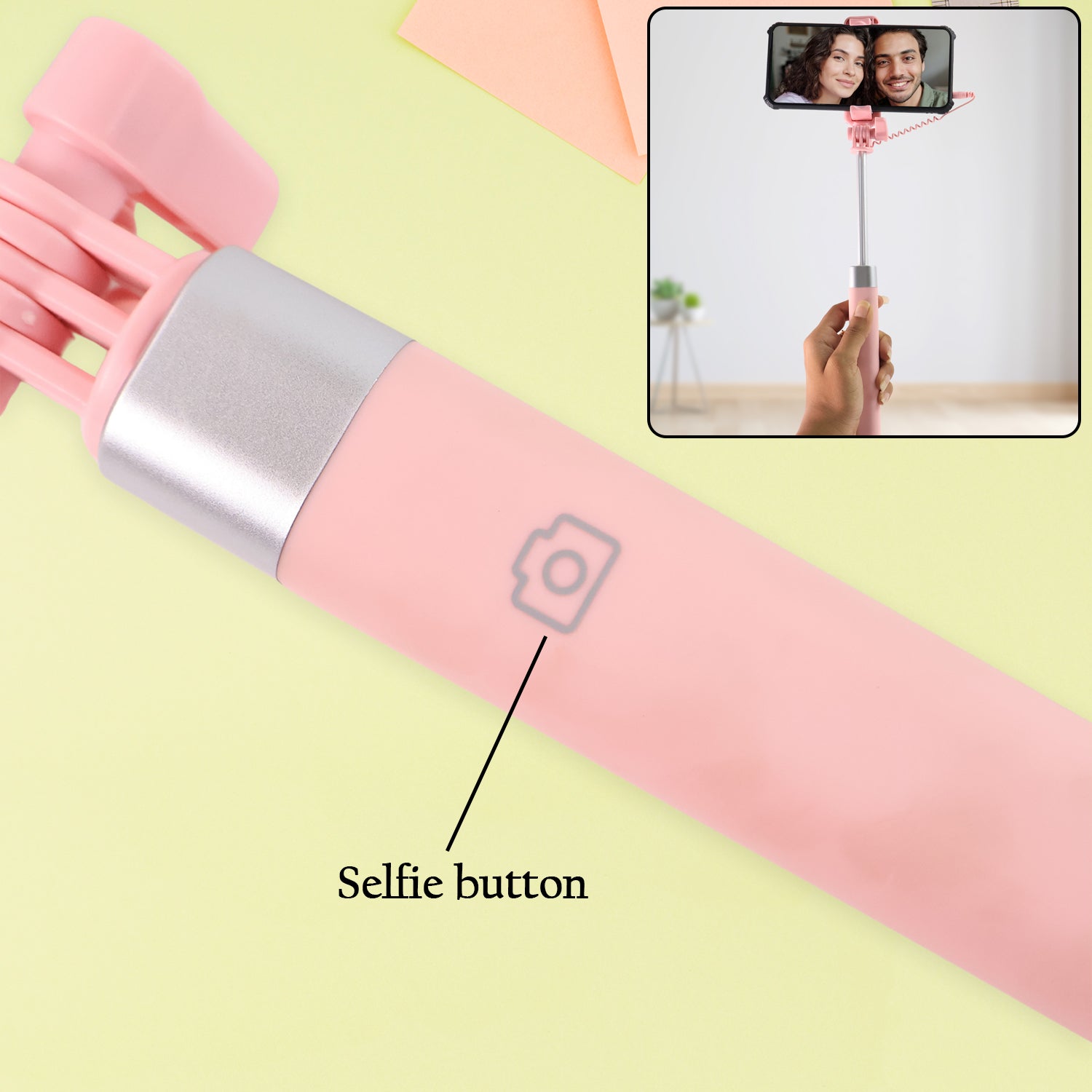 Wired Selfie Stick with Rearview Mirror & Built-In Shutter Button (1 Pc)