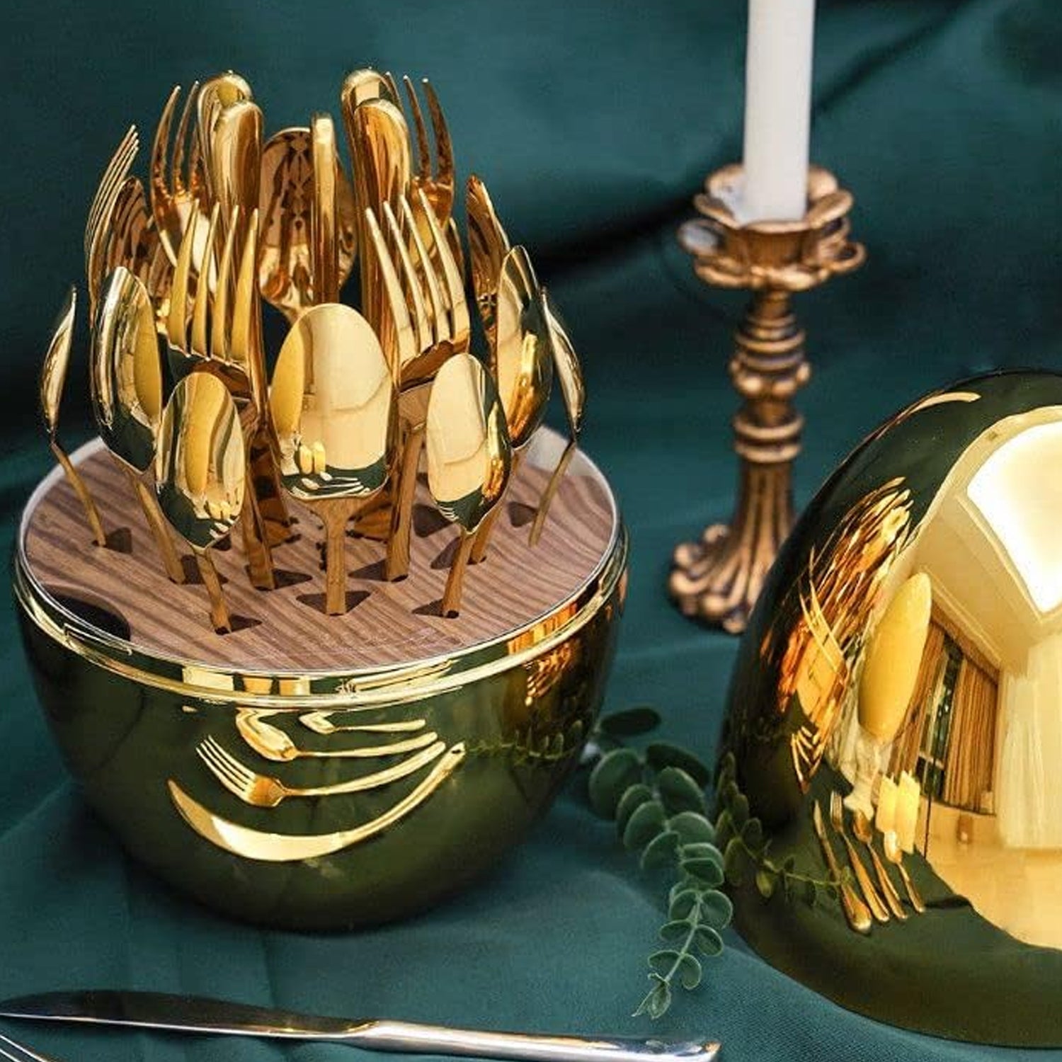 Premium Cutlery Set 24 Pcs with Oval Shaped Stand | Beautiful Stylish Oval Designed Cutlery Sets, Egg-Shaped Luxury Spoon Holder SetÂ  (Golden / 24 pcs set)