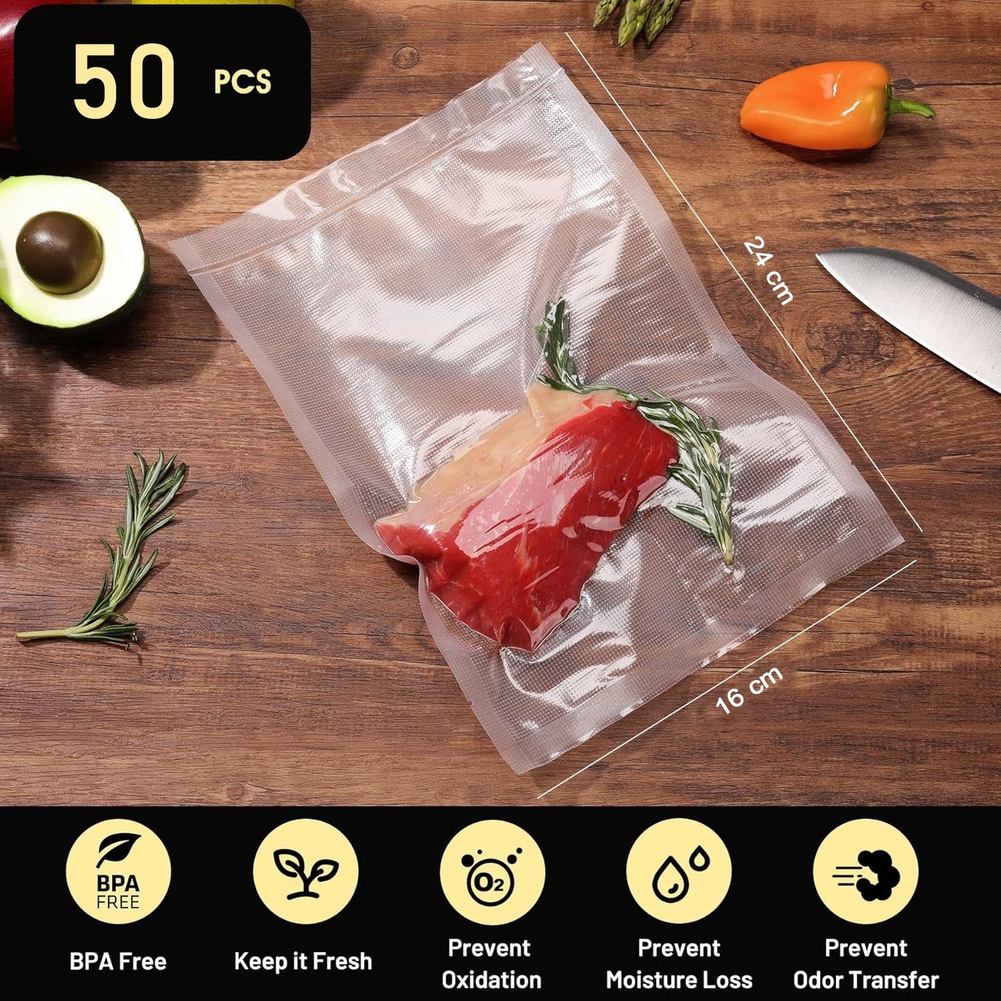 Heavy-Duty Vacuum Sealer Food Bags (24Ã—16 cm, Pack of 50)