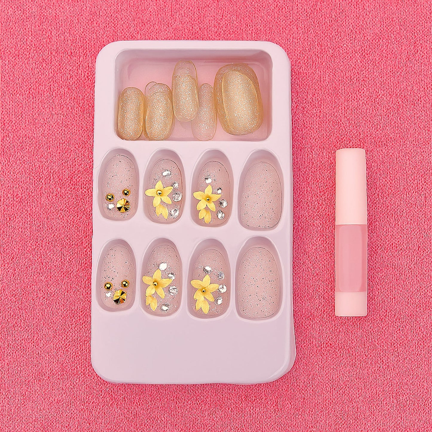Premium Glitter 3D Floral Press-On Artificial Nail Tips with Nail Glue fake nails (1 Set)