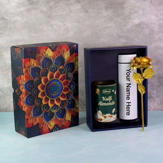 Personalized Temperature Water Bottle, Effete Kulfi Almonds Gift Hamper, Golden Rose With Bottle (3 Pc Set), Mix Color