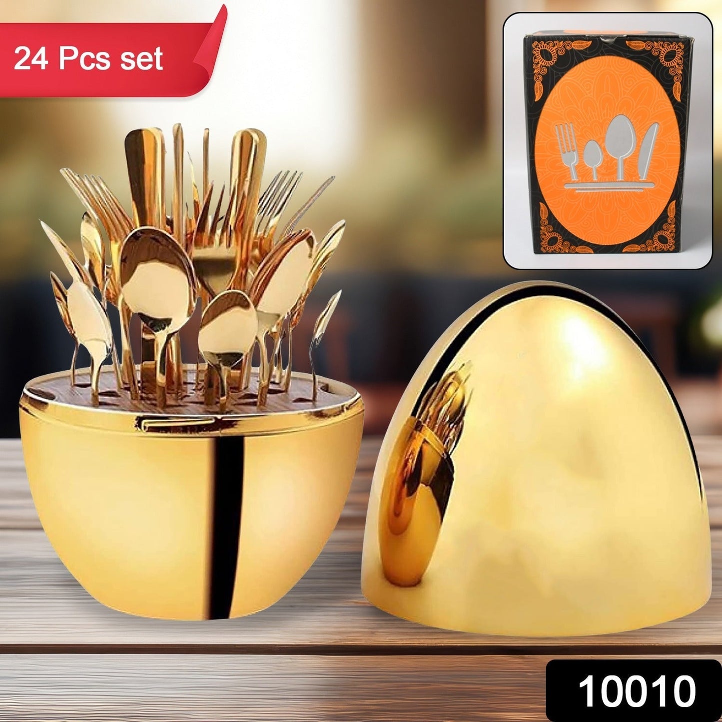 Premium Cutlery Set 24 Pcs with Oval Shaped Stand | Beautiful Stylish Oval Designed Cutlery Sets, Egg-Shaped Luxury Spoon Holder SetÂ  (Golden / 24 pcs set)