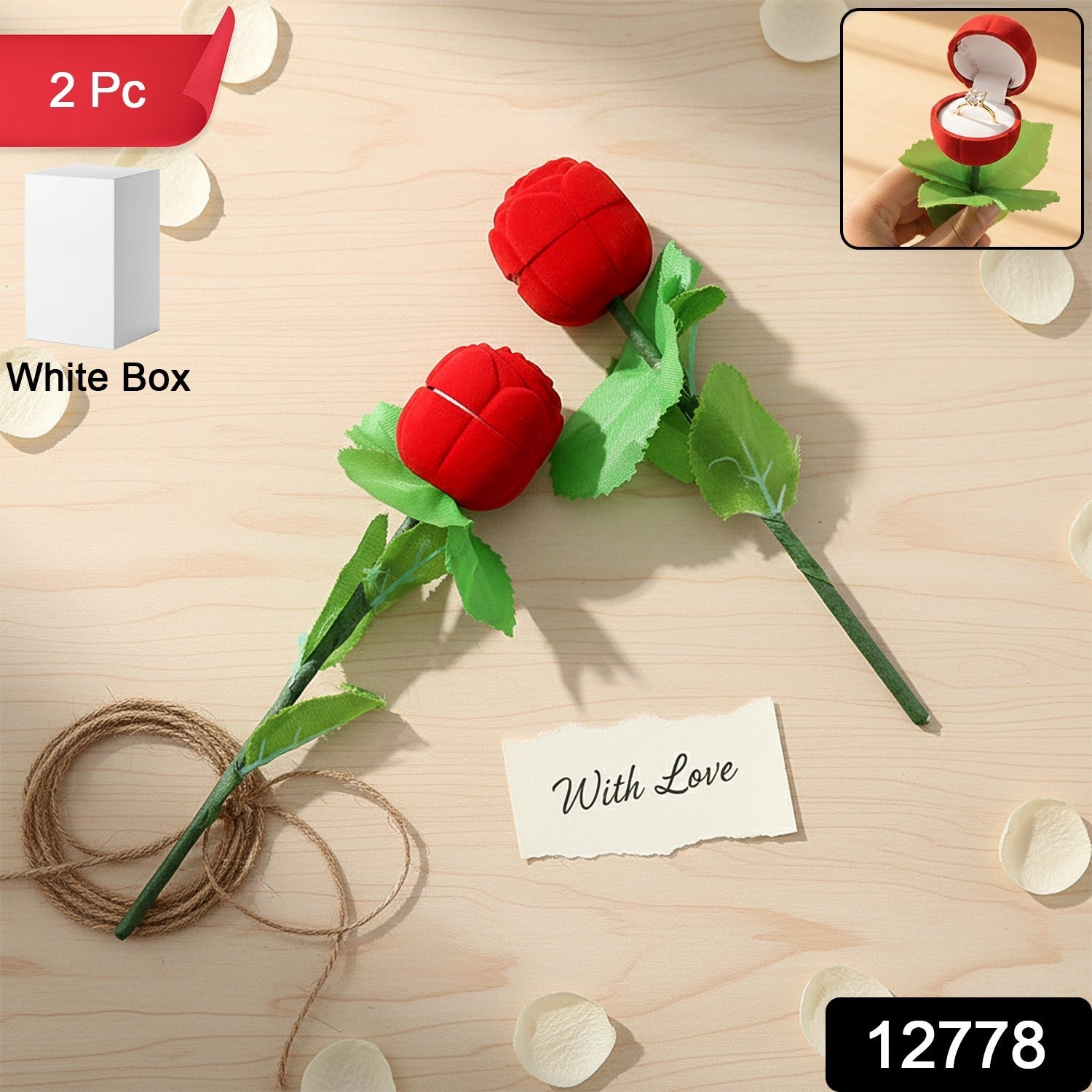 Romantic Artificial Rose Ring Box Stick â€“ 2 Piece Flower Shaped