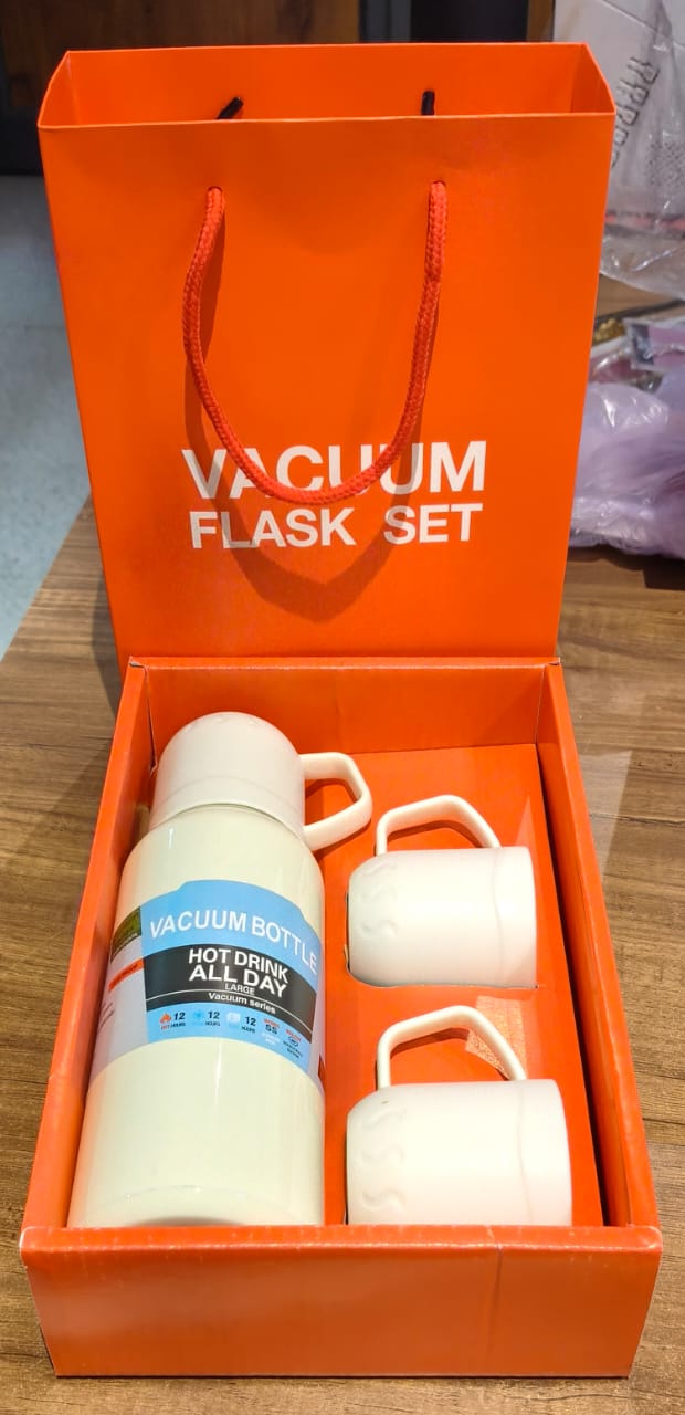 White Vacuum Flask Set â€“ Stainless Steel Thermos with 3 Cups, Approx 500ml